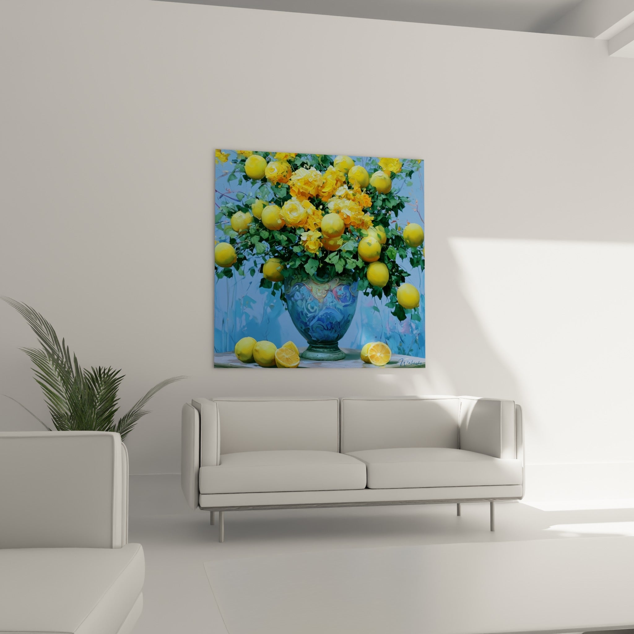 Citron vert et bleu marine au-dessus d'un canapé dans un salon lumineux