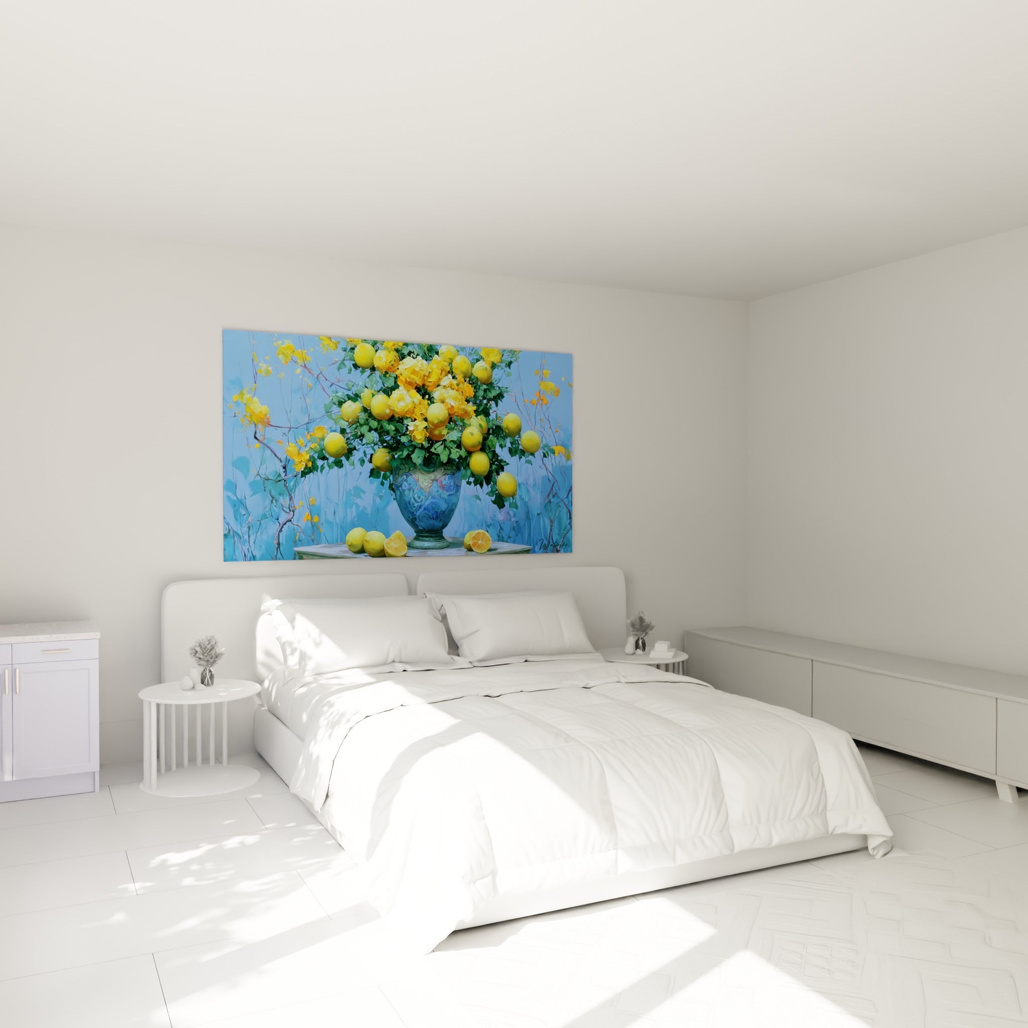 Bouquet de citrons ocre et vase bleu accroché au-dessus d'un lit dans une chambre claire
