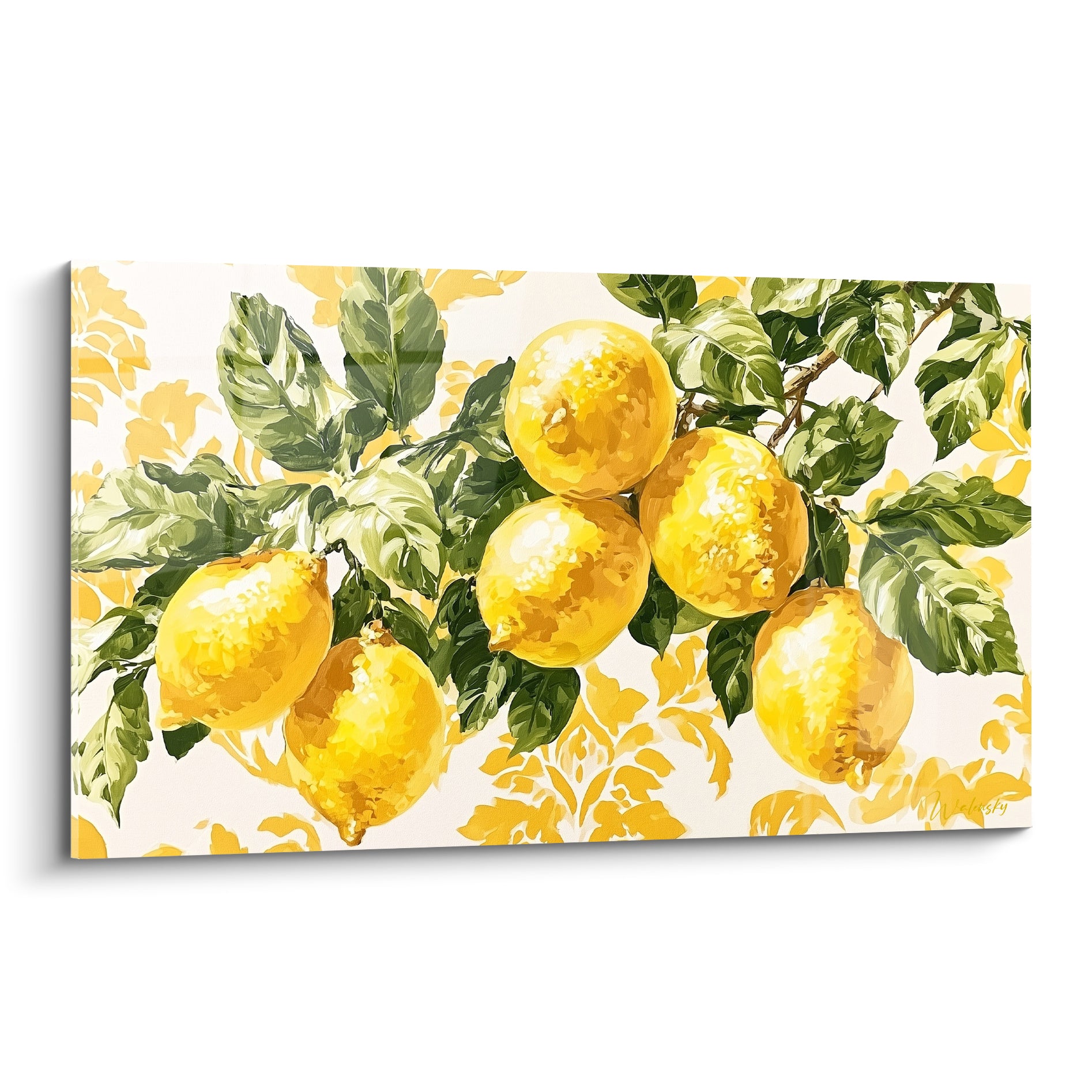 Citrons jaunes sur branche verte peinte, fond damassé doré et crème, style pictural gestuel