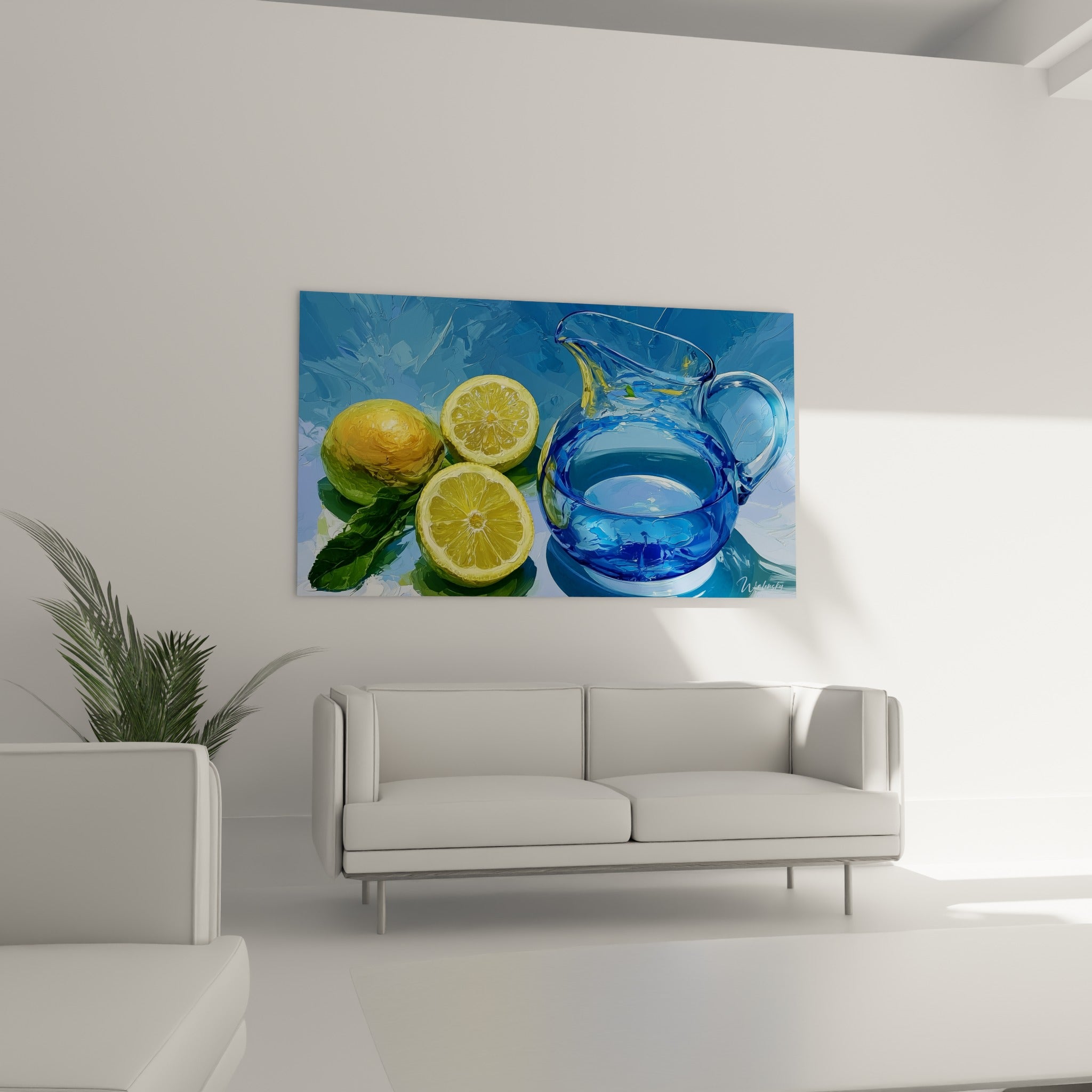 Agrumes jaunes et carafe en verre bleu translucide, au-dessus d'un canapé dans un salon lumineux