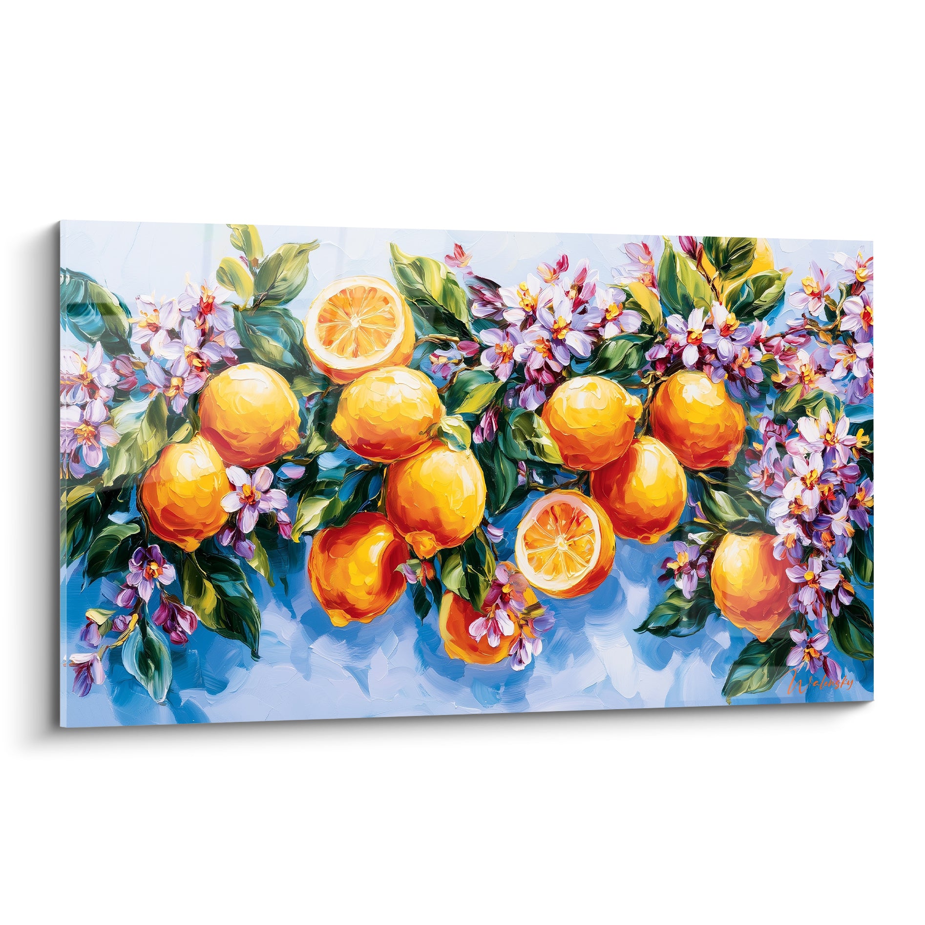 Citronnier peint en jaune et bleu, fruits dorés et fleurs mauves sur toile