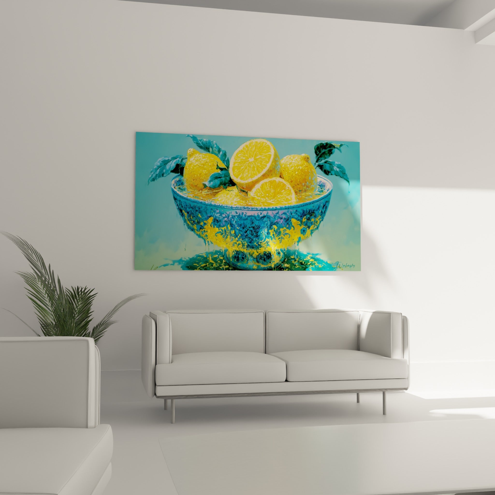Citrons dorés débordant d'une coupelle bleu profond, coulures de peinture jaune, au-dessus d'un canapé dans un salon lumineux