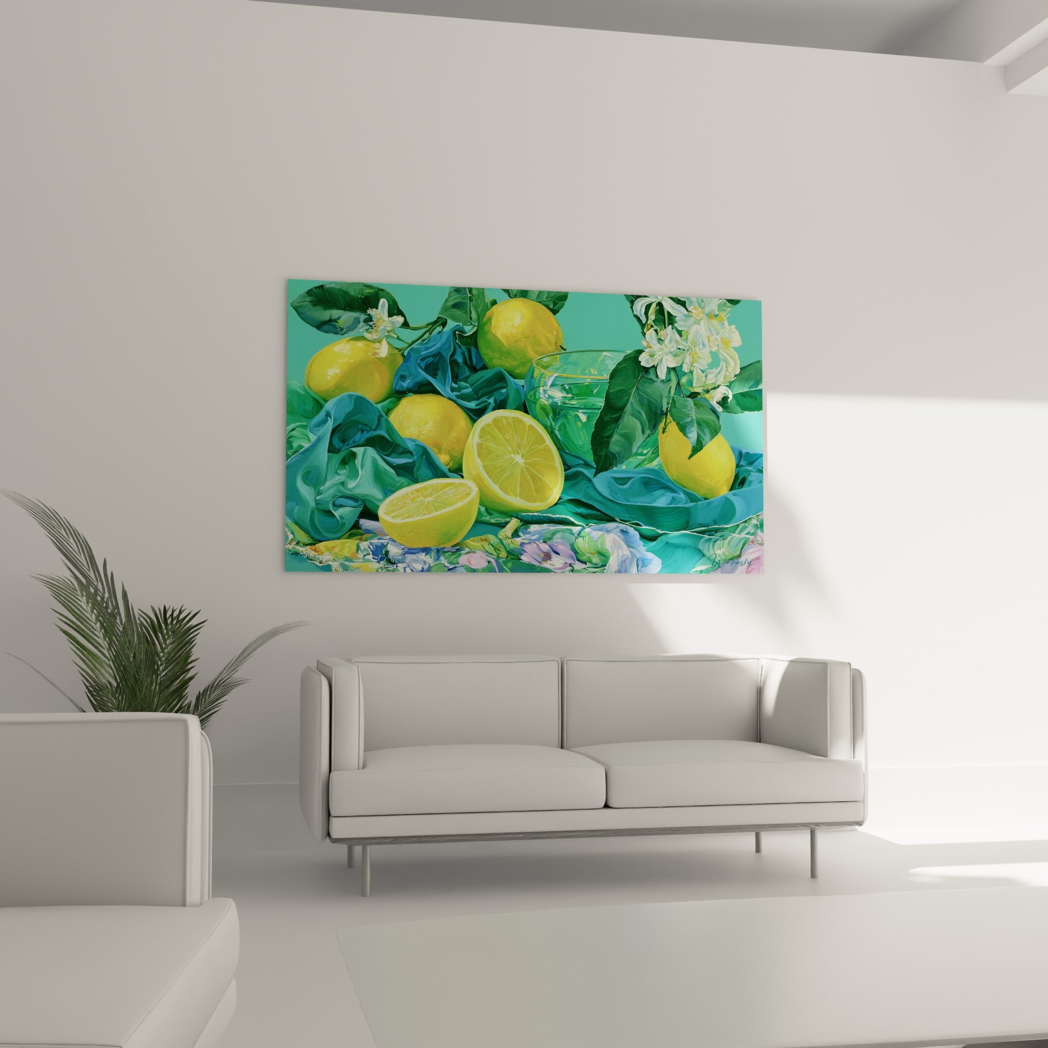 Nature morte de citrons dorés et feuillage vert, tableau accroché au-dessus d'un canapé dans un salon lumineux