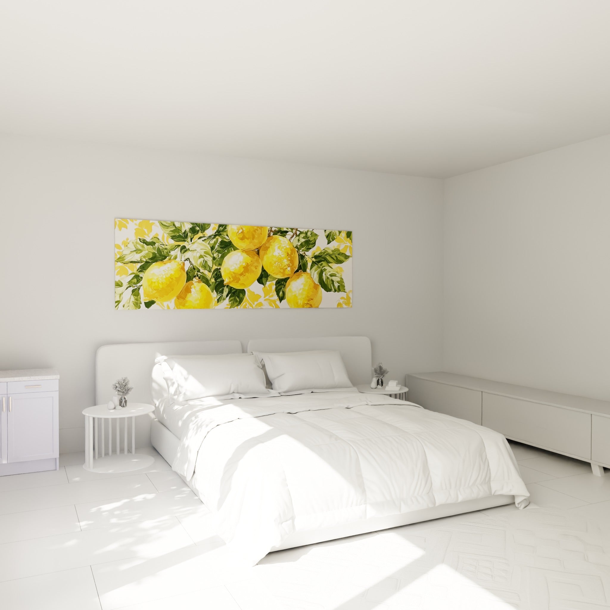 Branche de citrons jaunes et feuilles vertes accrochée au-dessus d'un lit dans une chambre claire