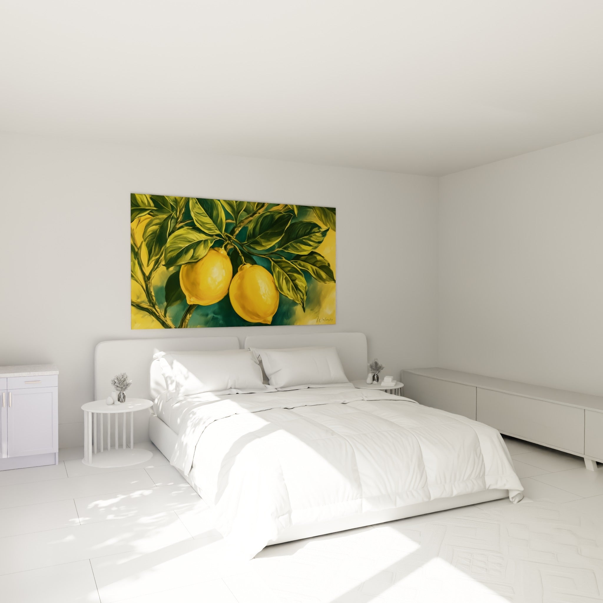 Citrons dorés et feuillage vert sauge peints avec finesse, au-dessus d'un lit dans une chambre claire