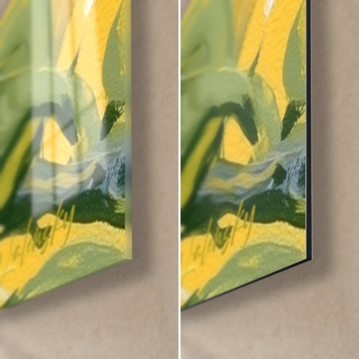 Tableau citrons jaune soleil et feuilles vert sombre, coin bas droit : verre brillant à gauche, alu Dibond mat à droite, tranche de 3 mm