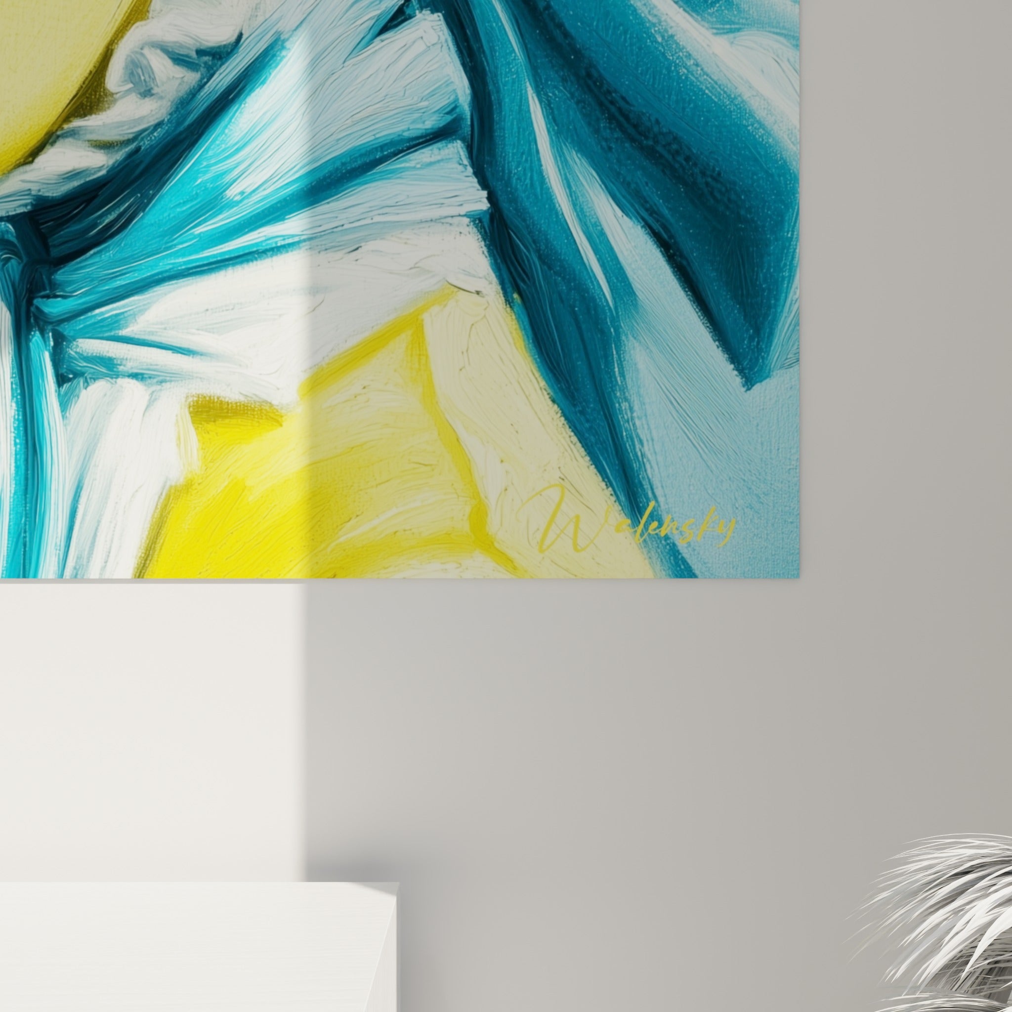 Détail des empâtements jaune et bleu turquoise sur le visage et les citrons peints à l'huile