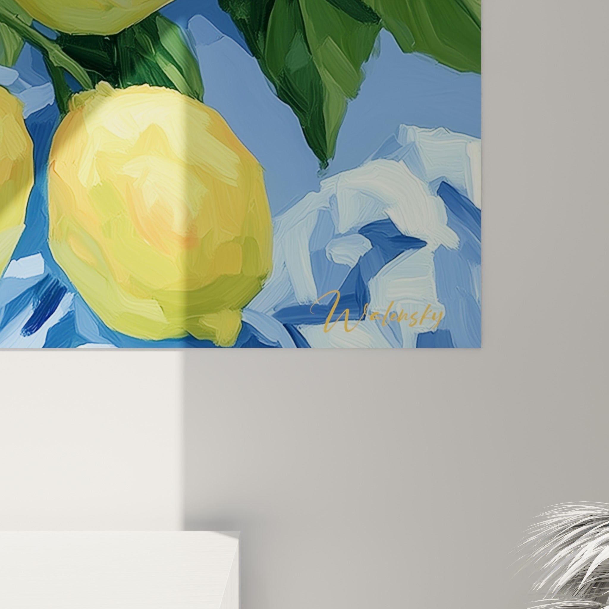 Matière épaisse des citrons jaunes et coulures bleues, grain visible de la toile peinte
