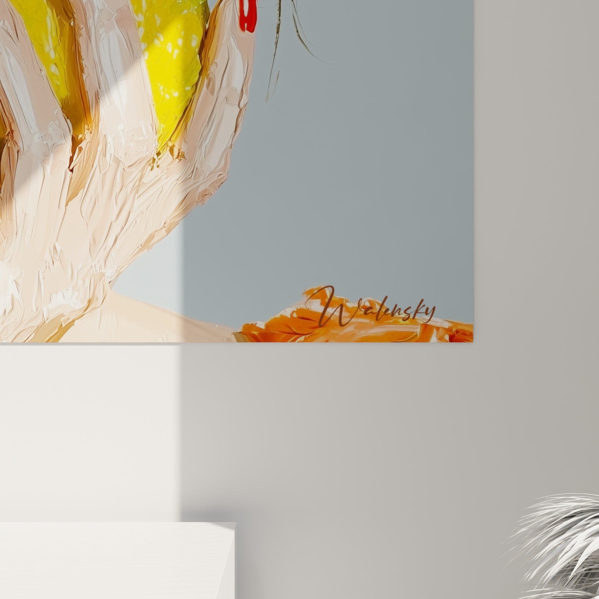 Empâtements colorés jaune et orange visibles sur la toile, matière épaisse et coulures autour des citrons