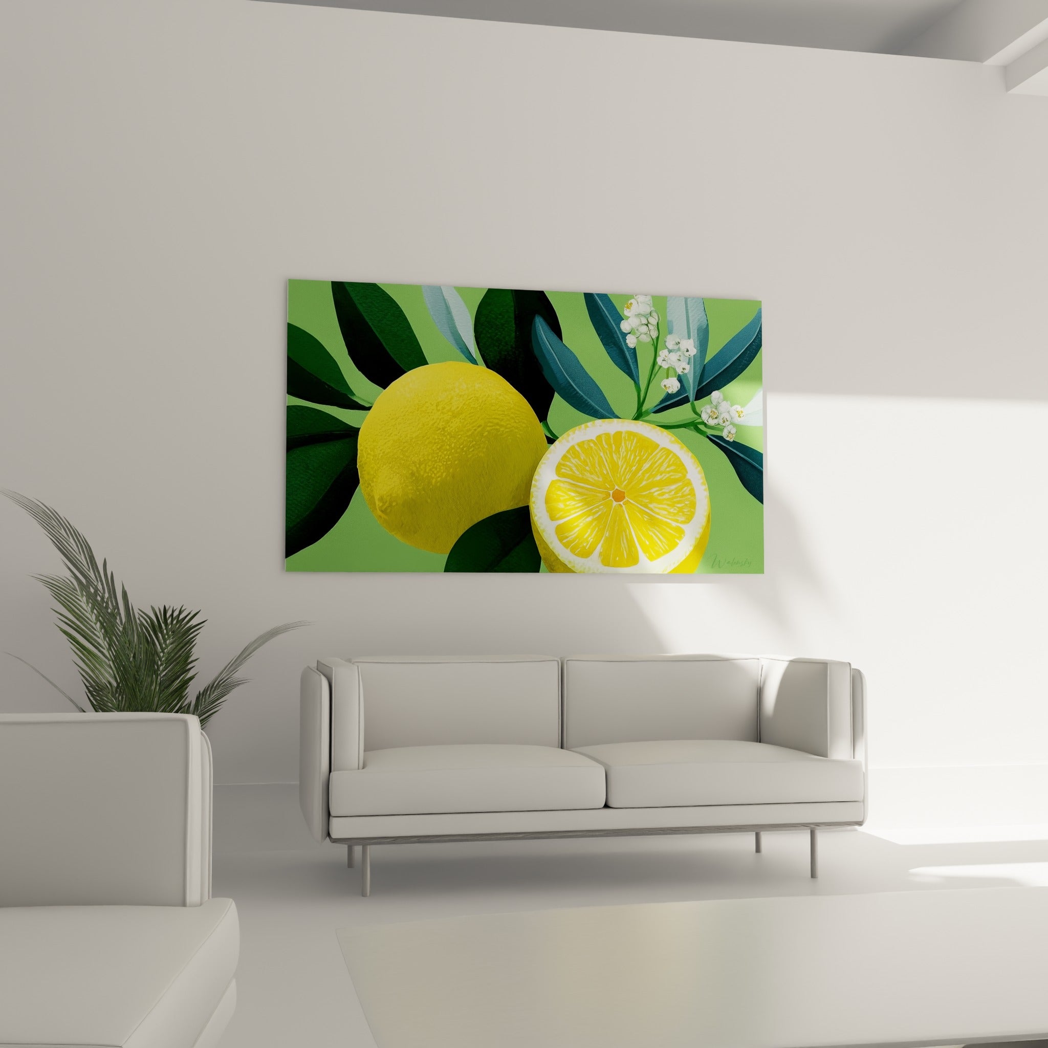 Composition citron jaune et vert émeraude accrochée au-dessus d'un canapé dans un salon lumineux