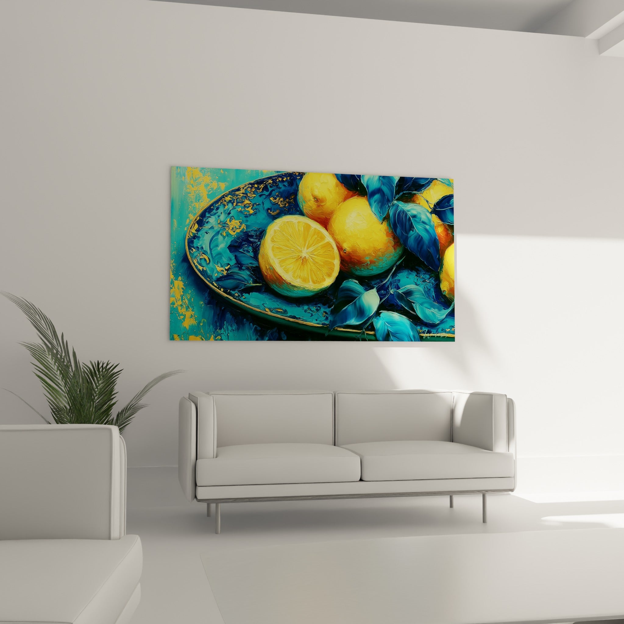 Composition de citrons jaunes vifs sur fond turquoise, disposée au-dessus d'un canapé dans un salon lumineux