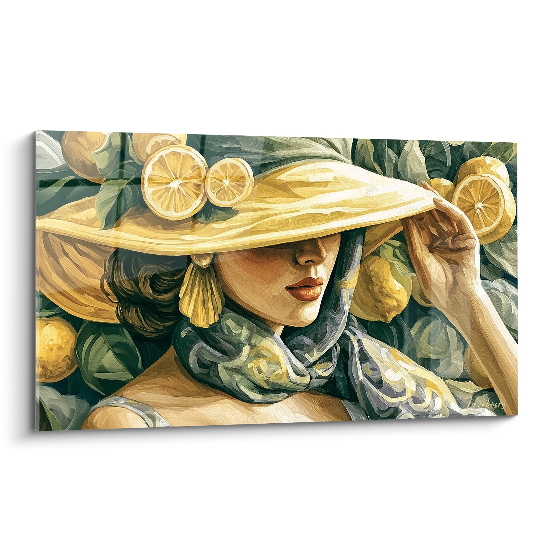 Femme au chapeau jaune doré entourée de citrons et feuillage vert profond, portrait peint