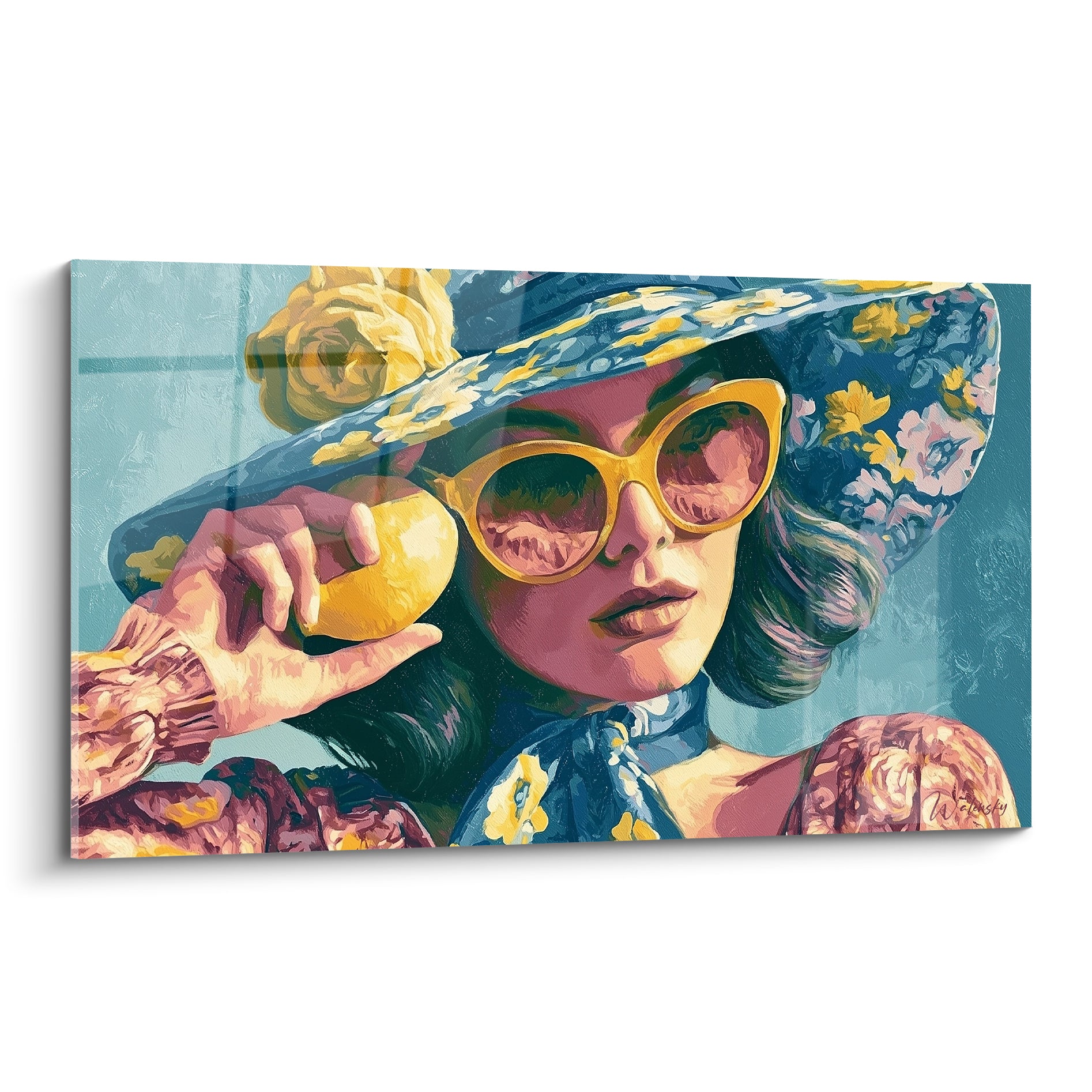 Femme au chapeau fleuri bleu pétrole tient un citron jaune, lunettes ocre, style pop rétro