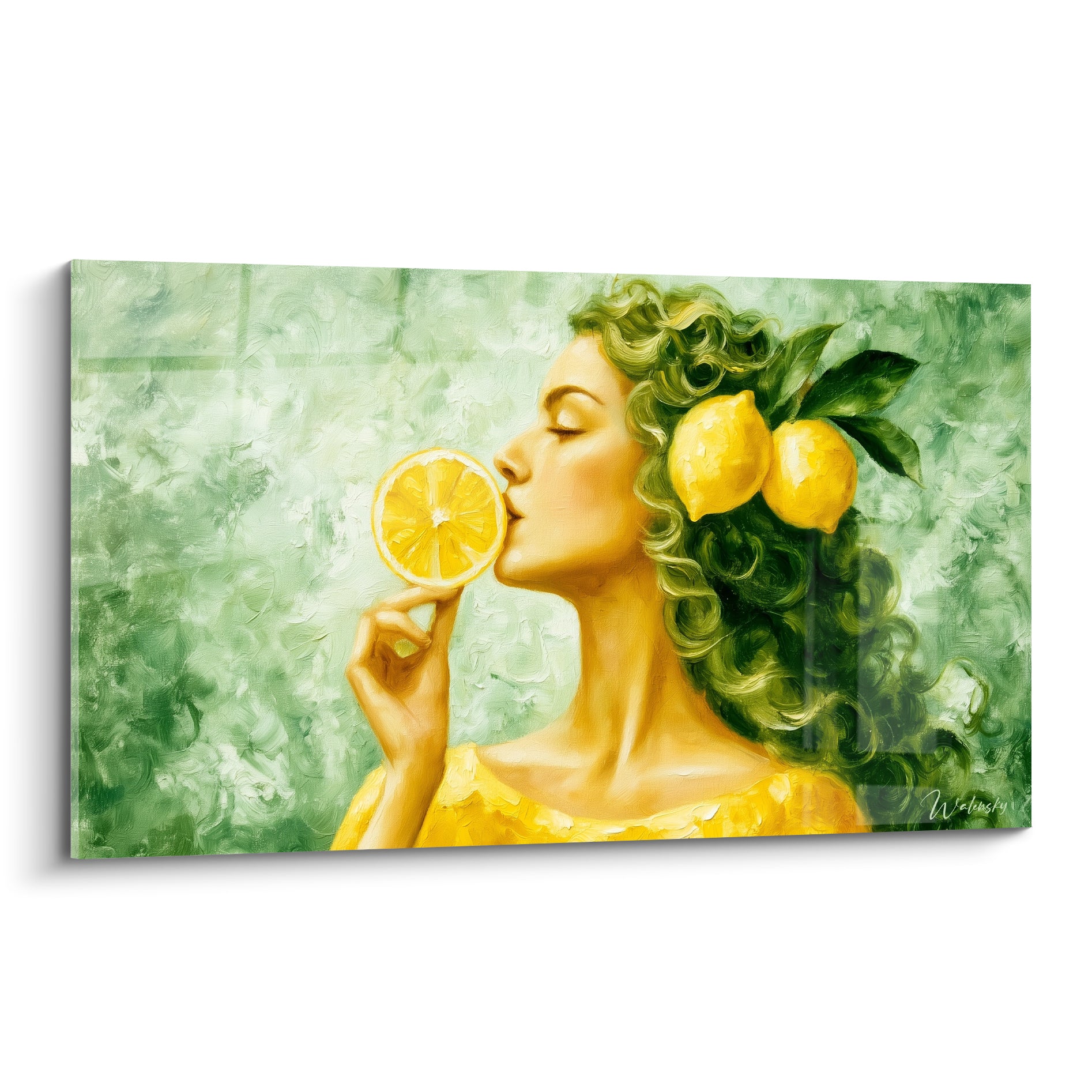 Citron peint aux côtés d'une femme aux cheveux verts et vêtement jaune, style empâté