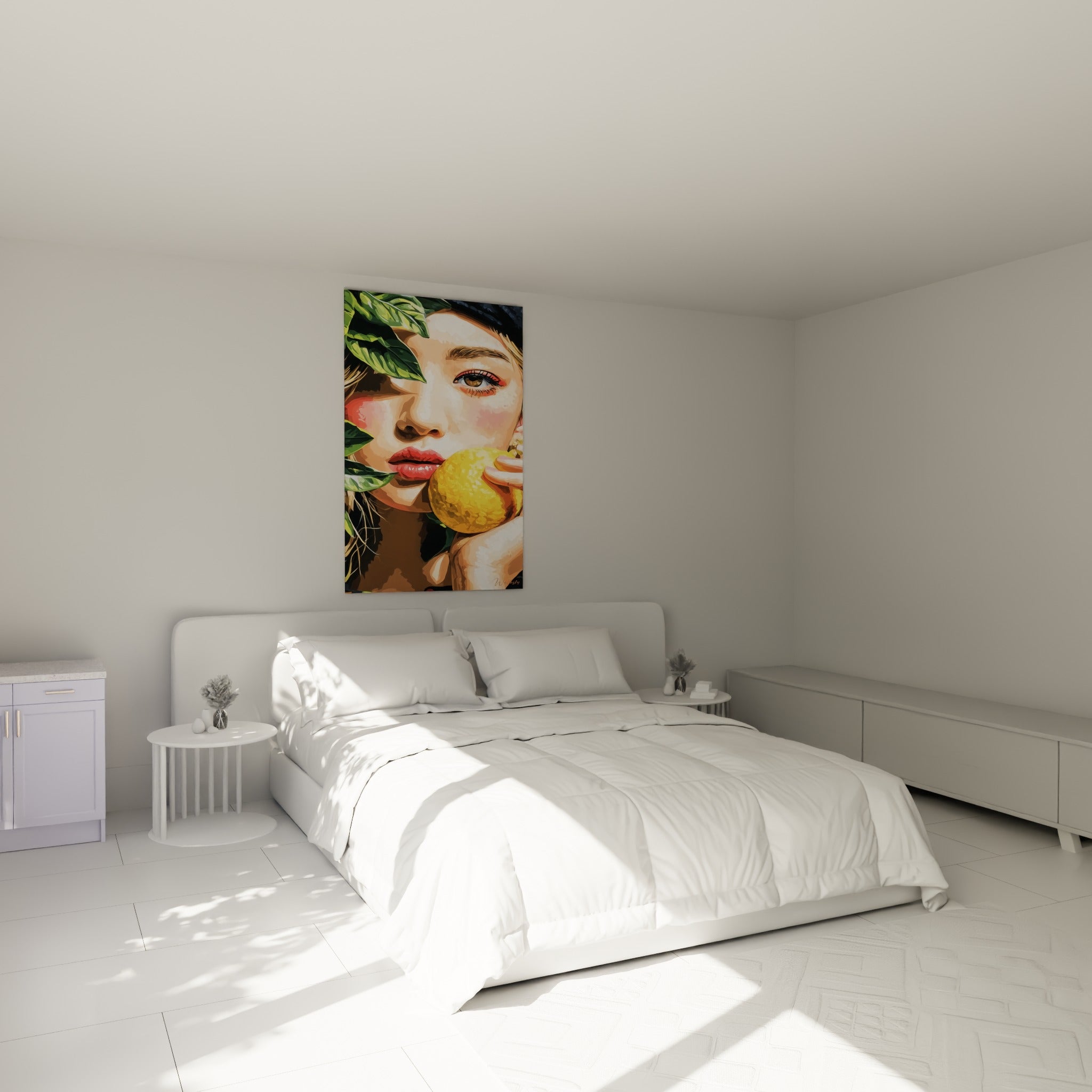 Femme au citron doré et feuillage vert, tableau accroché au-dessus d'un lit dans une chambre claire