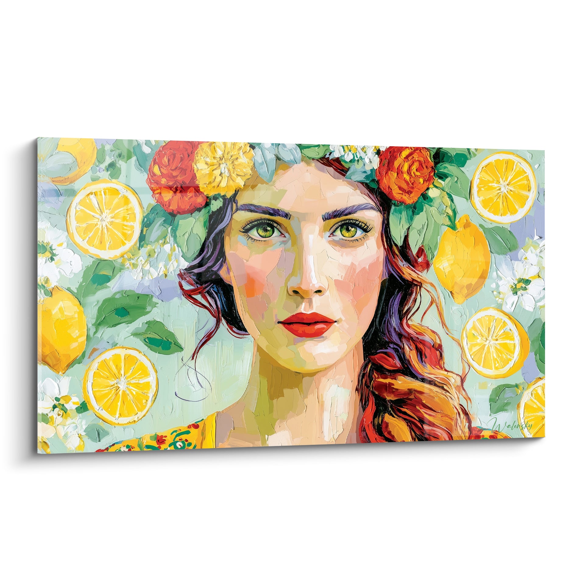 Femme aux yeux verts couronnée de fleurs rouges et citrons jaunes, peinture à l'huile empâtée