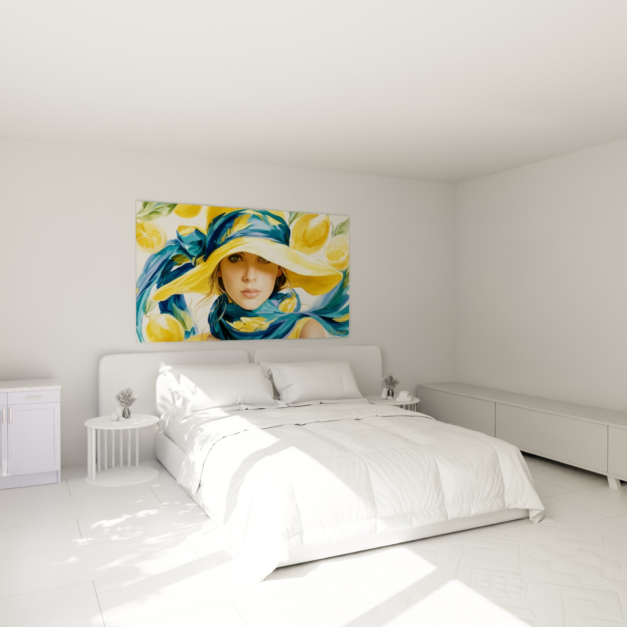 Portrait féminin jaune et bleu marine aux motifs de citrons, au-dessus d'un lit dans une chambre claire
