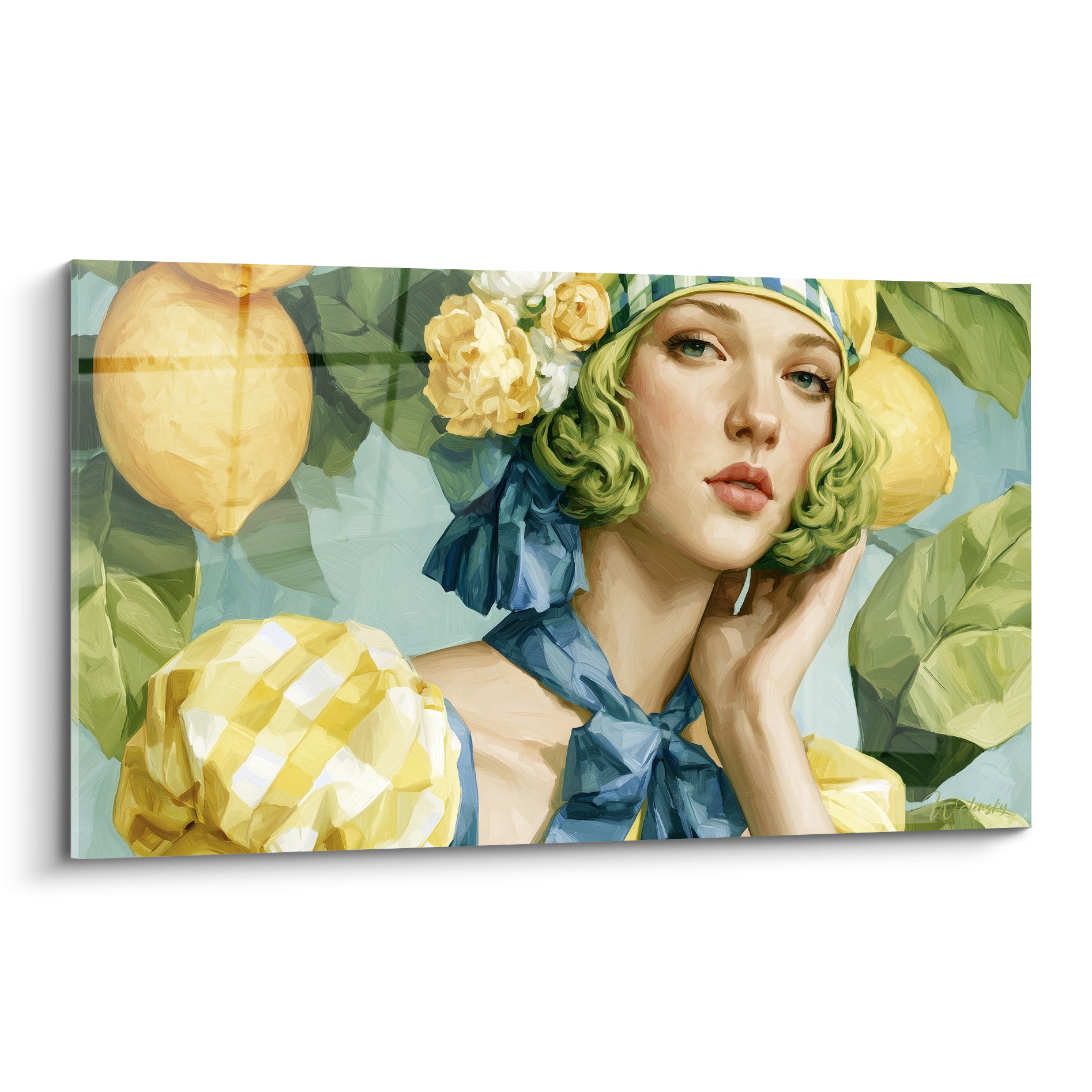 Portrait féminin aux cheveux verts, foulard bleu marine, entouré de citrons jaunes et feuillage