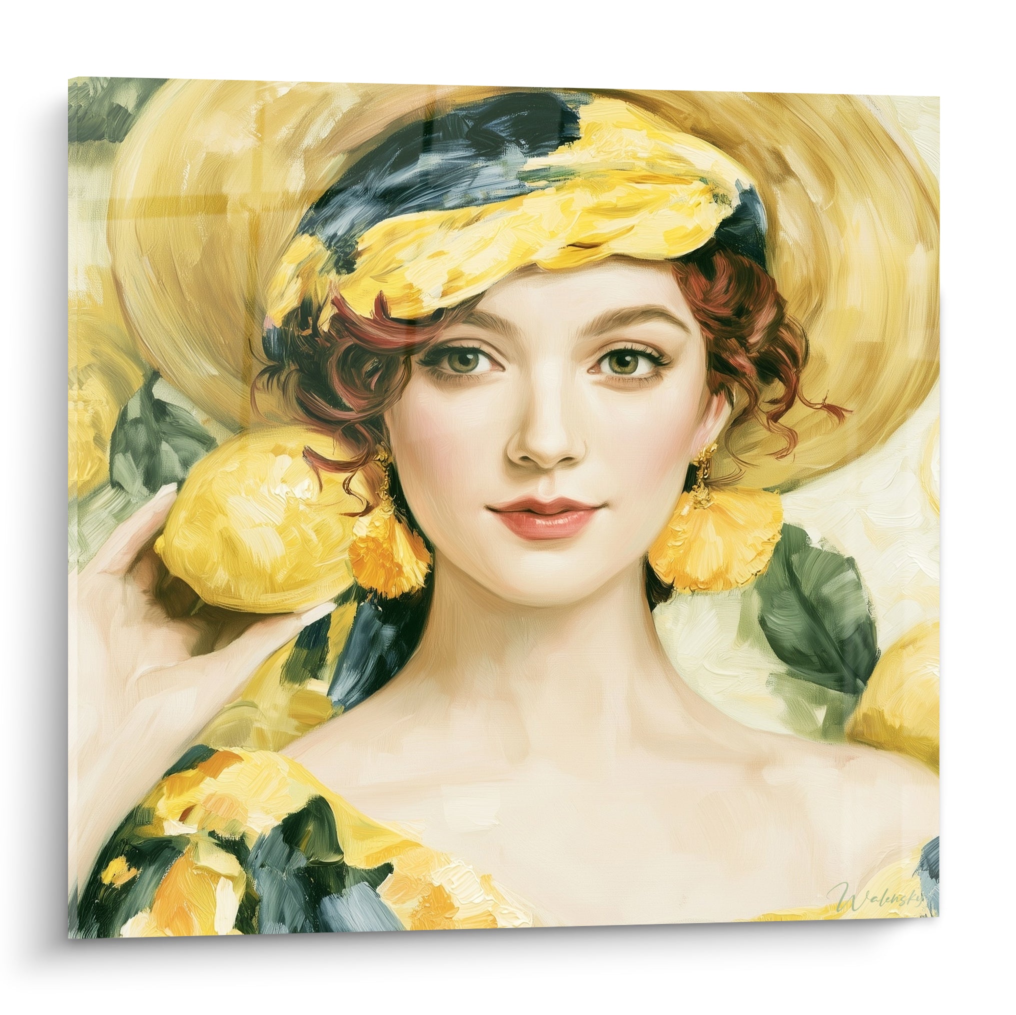 Portrait citron jaune et vert d'une femme au foulard fleuri tenant un fruit doré