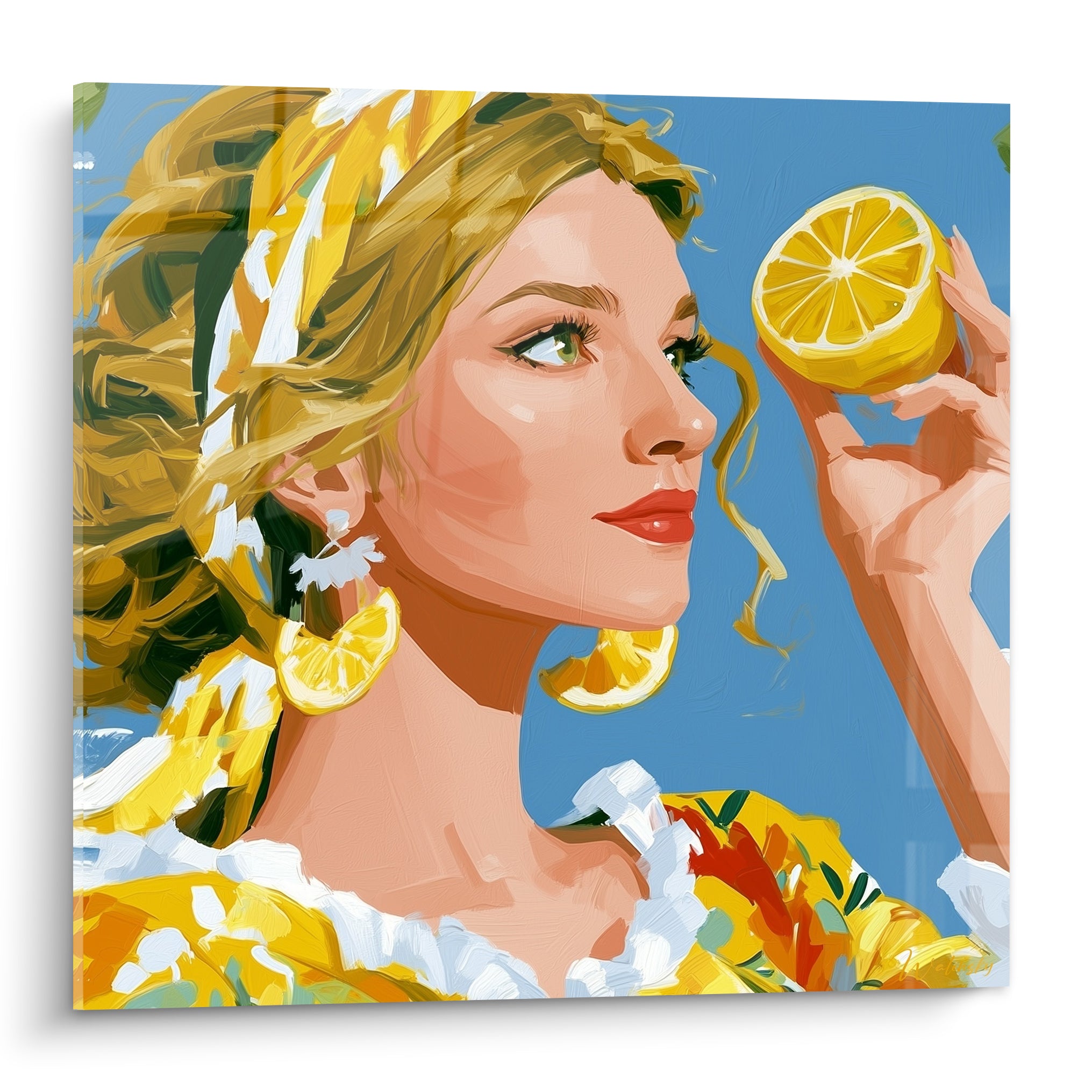 Portrait de femme blonde tenant un citron jaune, fond bleu marine, foulard fleuri et boucles d'oreilles agrumes