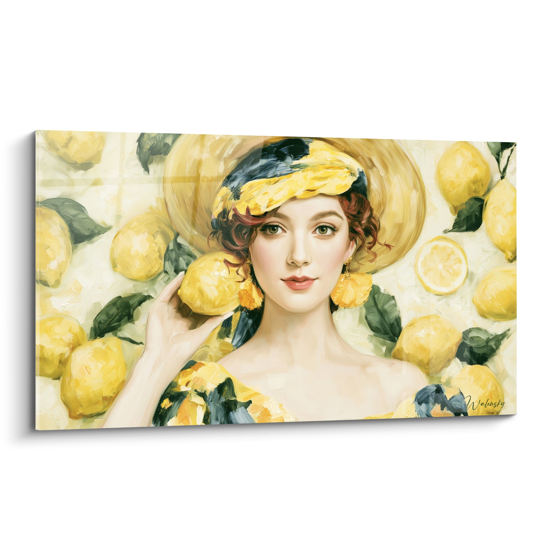 Femme au foulard jaune citron entourée de fruits peints à l'huile, palette jaune et verte
