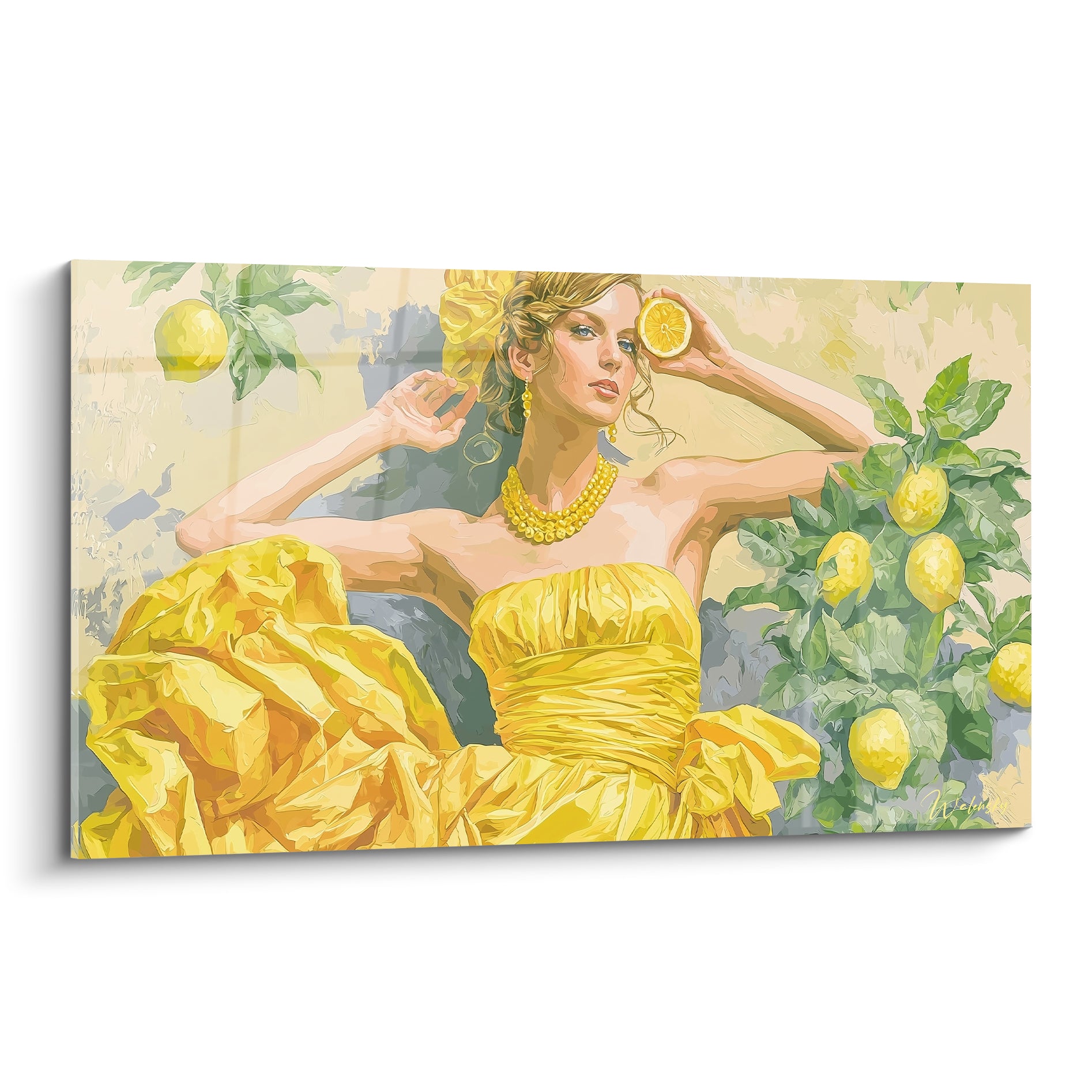 Femme en robe jaune éclatant tenant un citron, entourée de feuillage vert émeraude et fruits mûrs