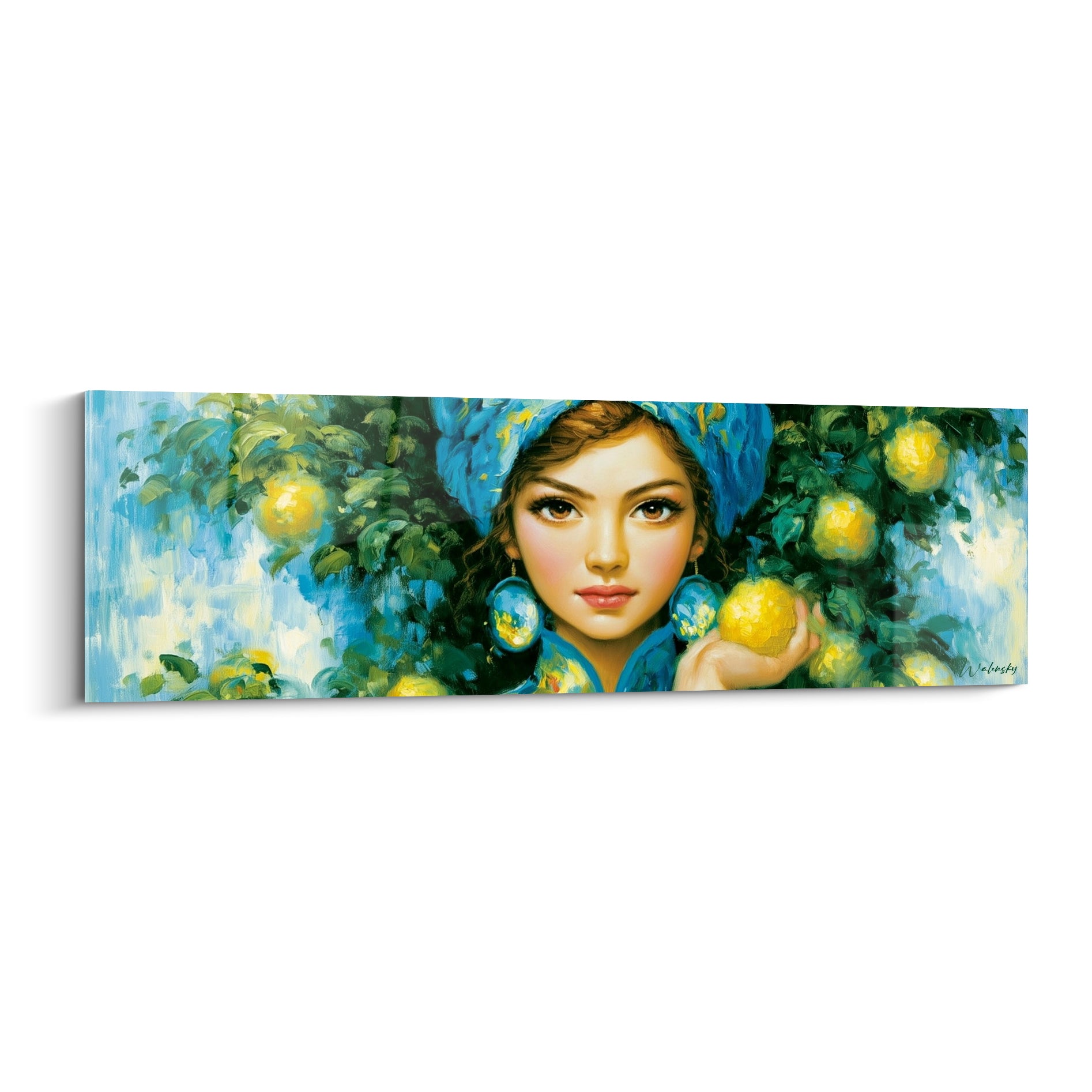 Jeune femme au turban bleu turquoise tenant un citron doré, feuillage vert émeraude en fond