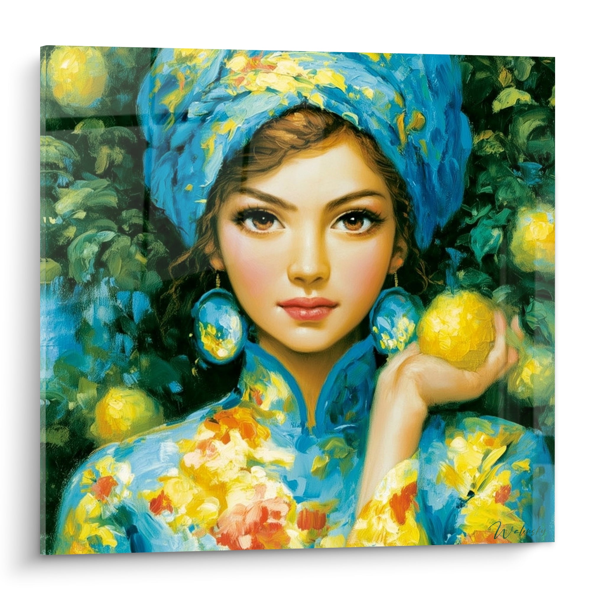 Portrait d'une femme au turban bleu turquoise tenant un citron doré, tunique fleurie jaune et corail