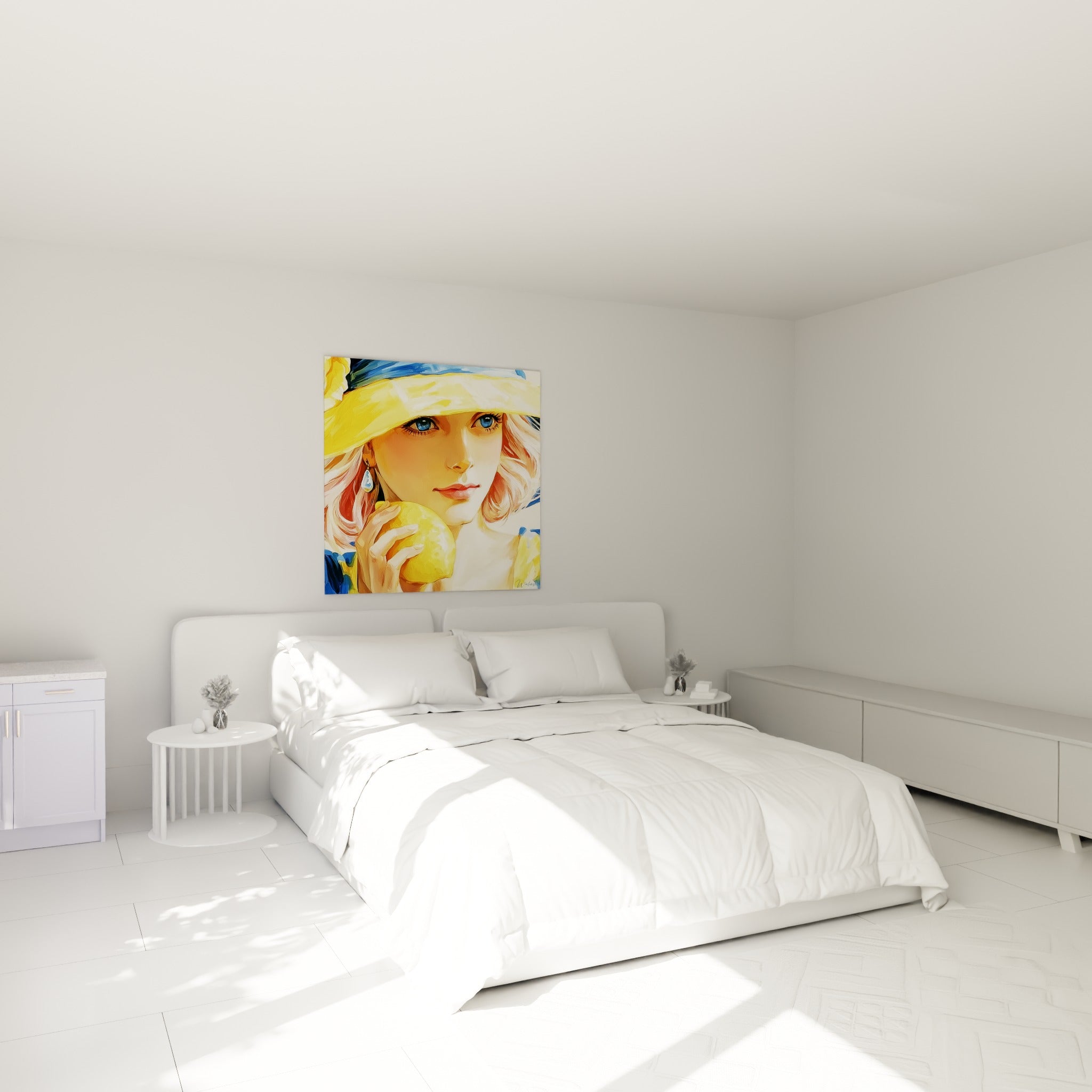 Jeune femme au chapeau jaune vif et citron doré, accrochée au-dessus d'un lit dans une chambre claire