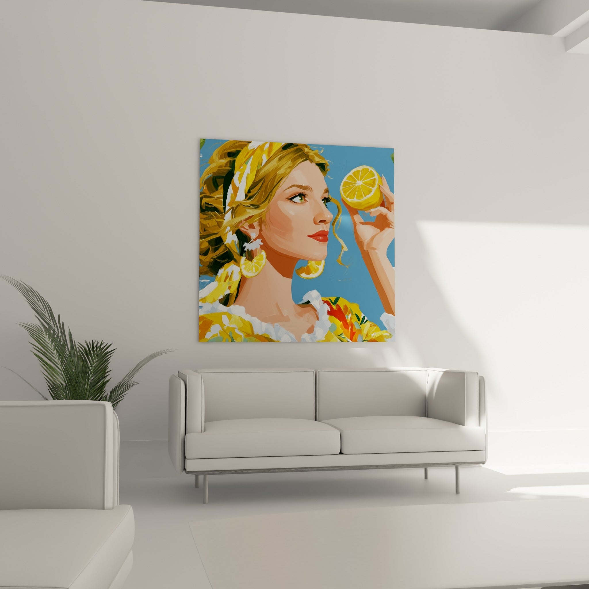 Portrait solaire jaune et bleu d'une femme au citron, disposé au-dessus d'un canapé dans un salon lumineux