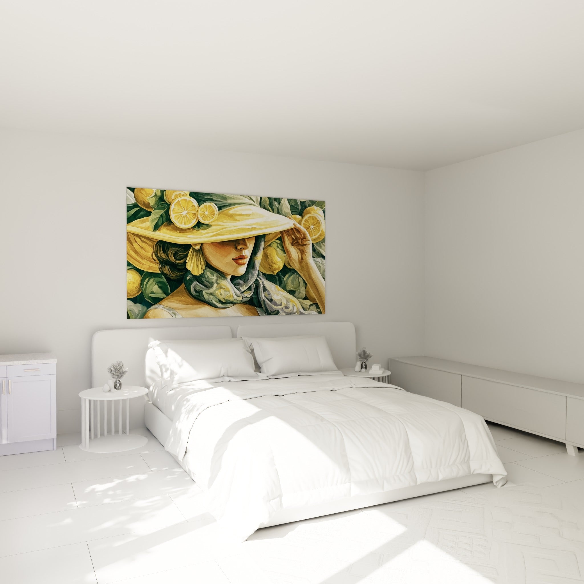 Portrait féminin au chapeau jaune et citrons verts, accroché au-dessus d'un lit dans une chambre claire