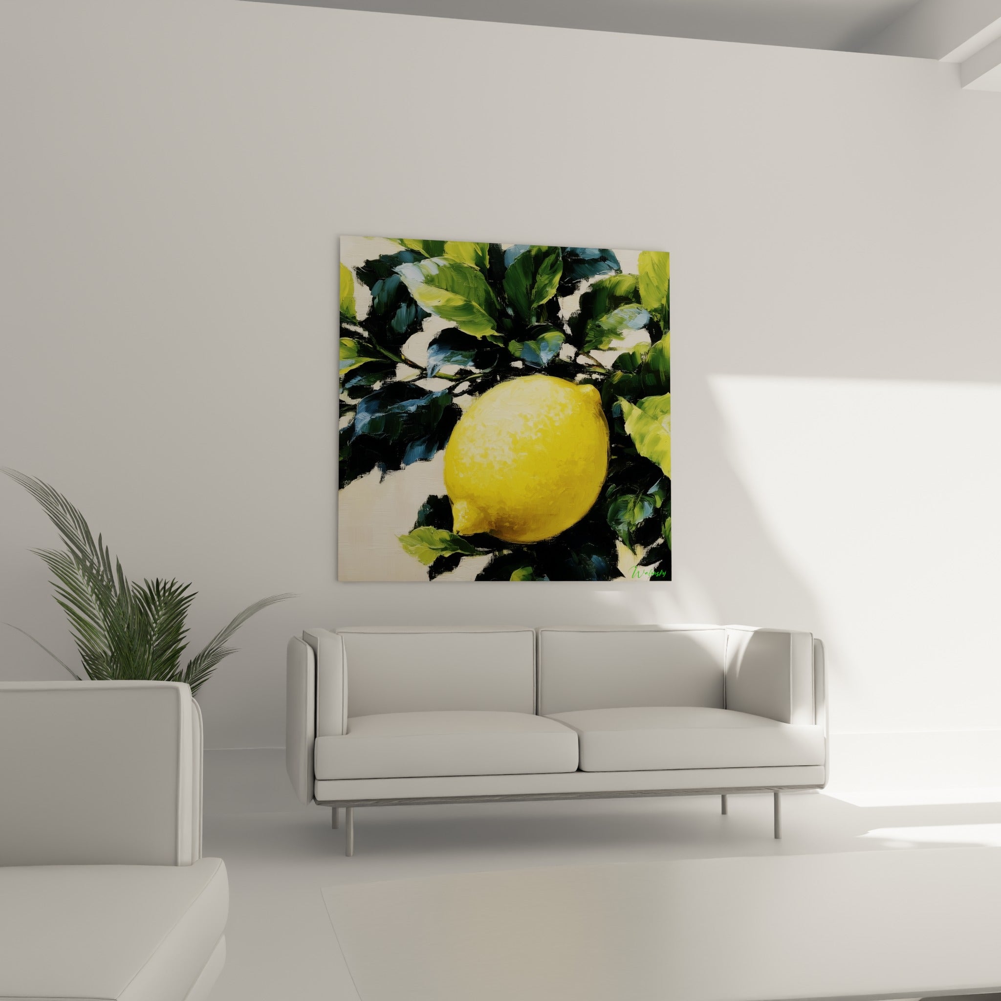Fruit jaune éclatant parmi des feuilles vert olive et bleutées, disposé au-dessus d'un canapé dans un salon lumineux