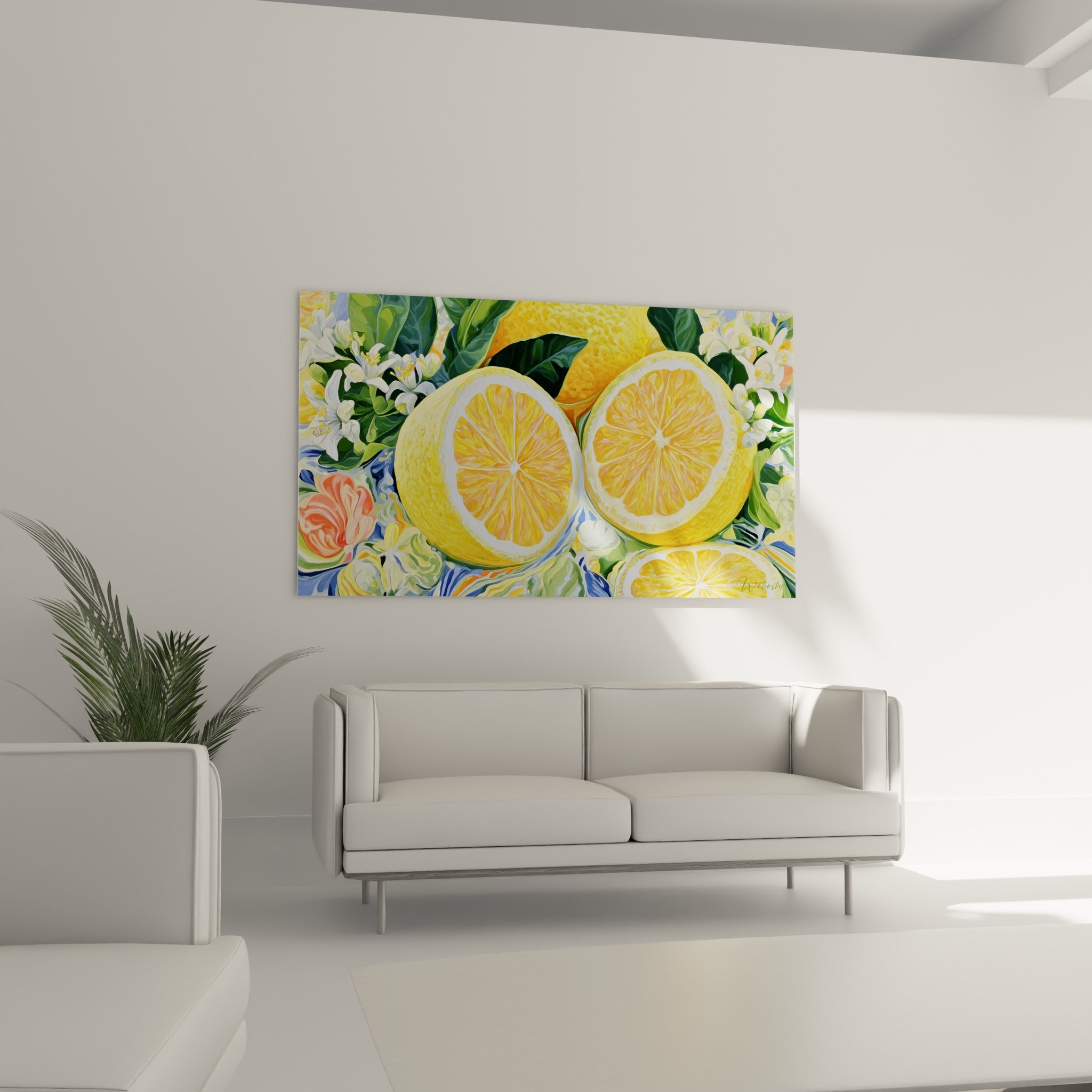 Agrumes juteux à la peau jaune et chair orangée, disposés au-dessus d'un canapé dans un salon lumineux