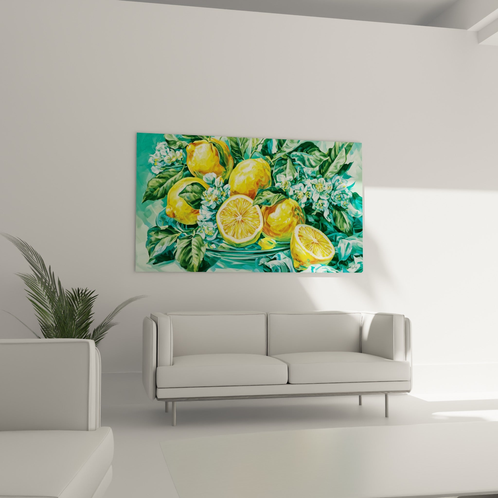Nature morte de citrons dorés et verts ornant ce tableau Citron au-dessus d'un canapé dans un salon lumineux