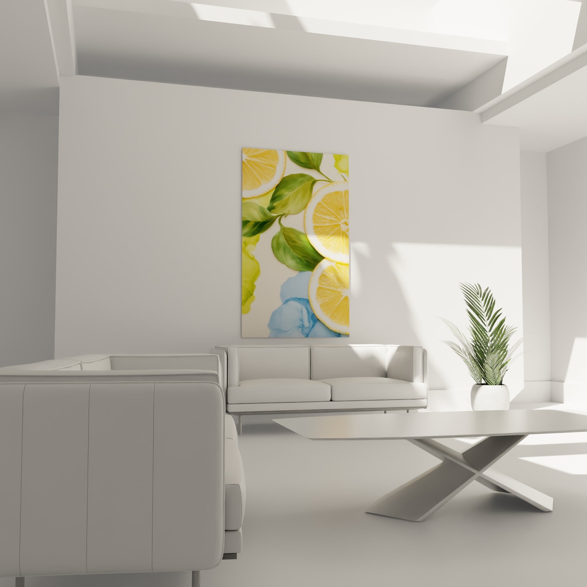 Rondelles de citron dorées et coulures aquarelle bleues au-dessus d'un canapé dans un salon lumineux
