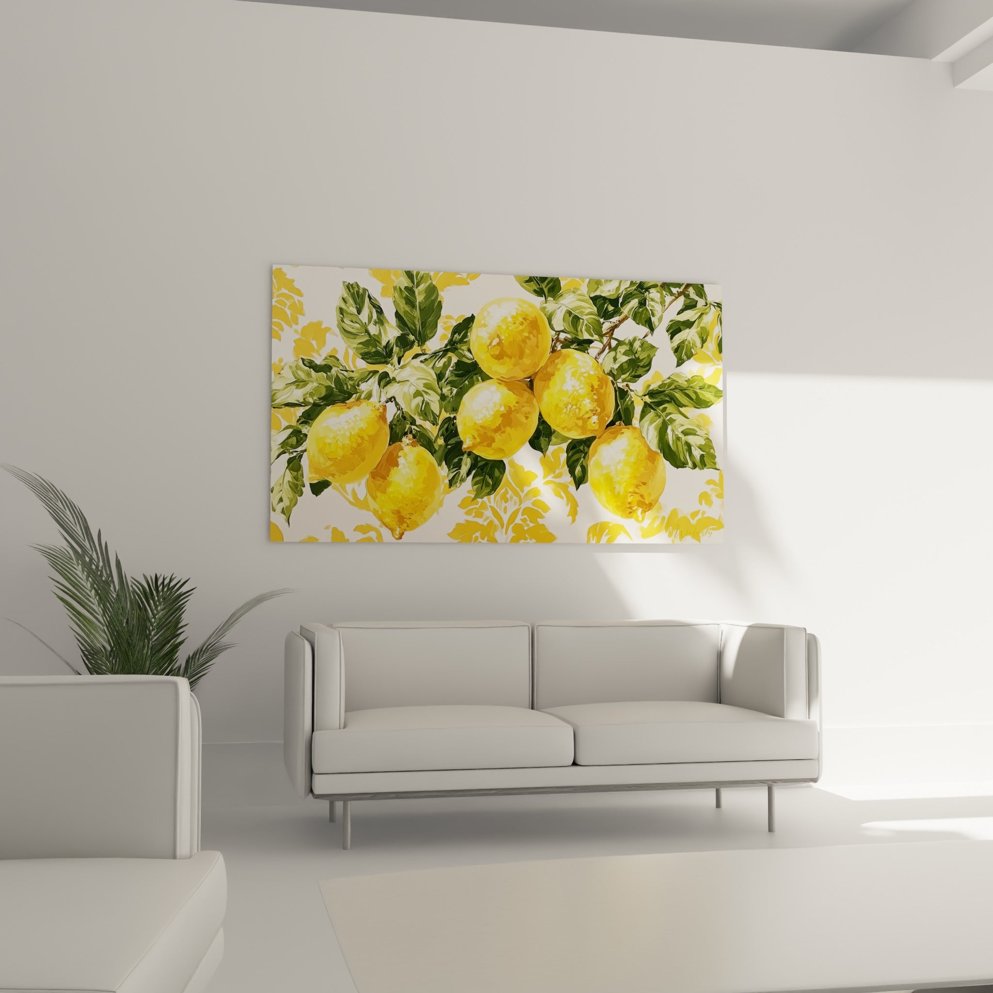 Fruits jaunes vifs et feuilles vertes sur fond ocre, au-dessus d'un canapé dans un salon lumineux