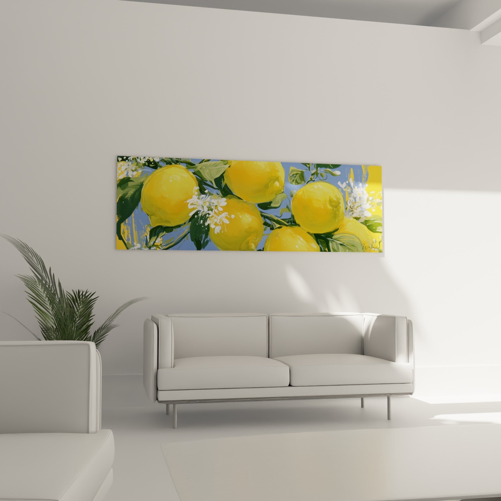 Fruits jaunes éclatants et fleurs blanches sur fond azur, disposés au-dessus d'un canapé dans un salon lumineux