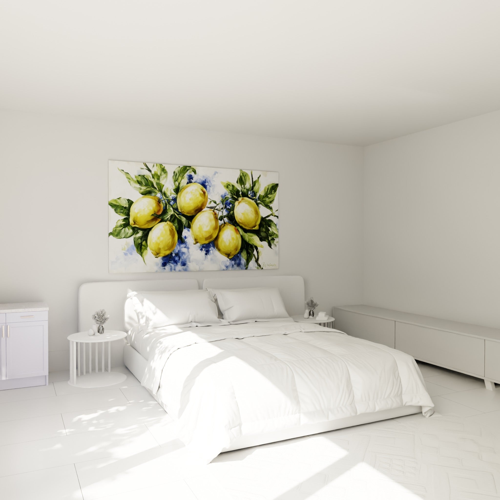 Grappe de citrons jaunes et feuilles vertes sur fond bleu pastel, accrochée au-dessus d'un lit dans une chambre claire
