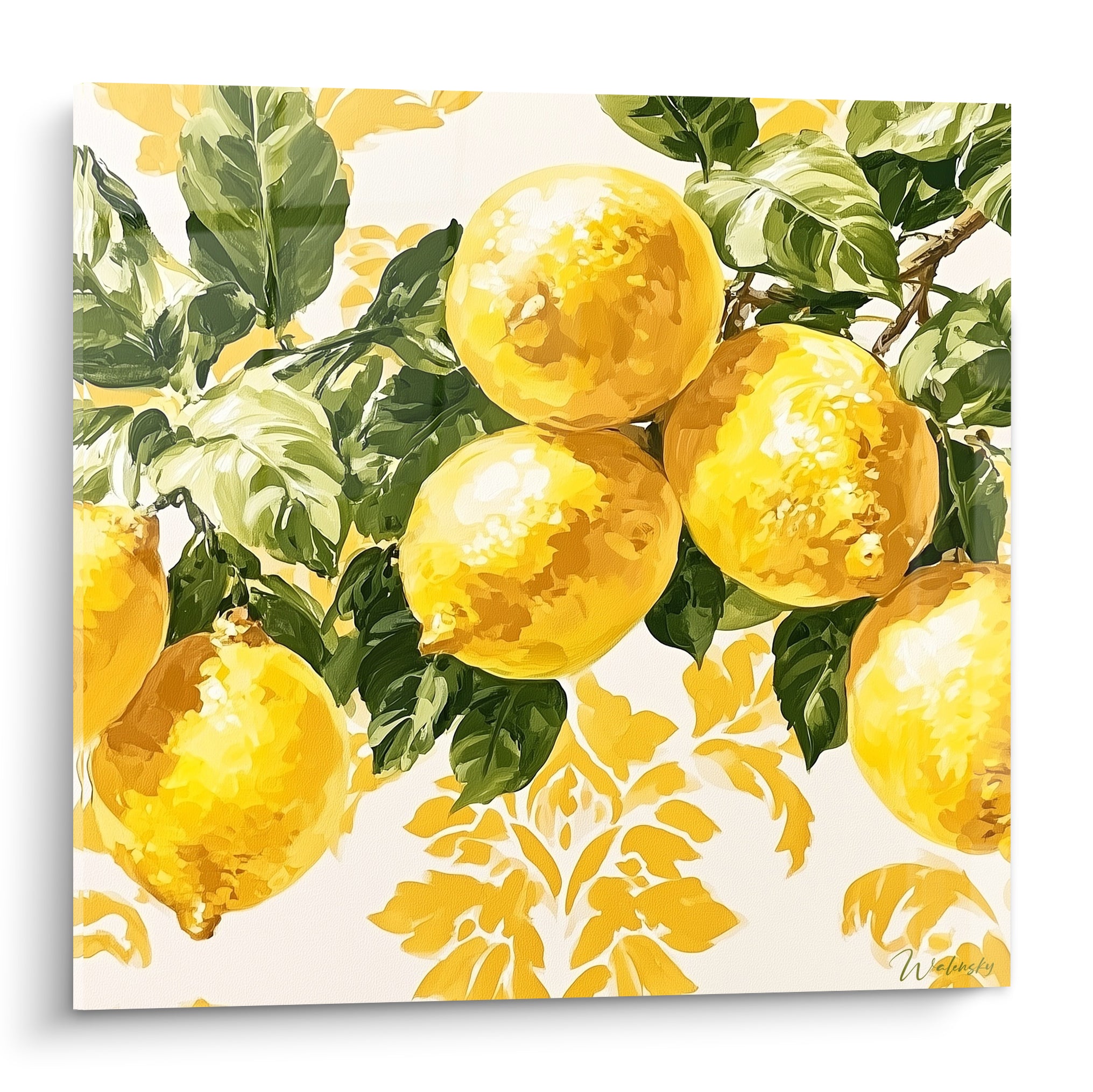 Citrons dorés et feuilles vertes peints sur fond crème à motif damassé jaune pâle