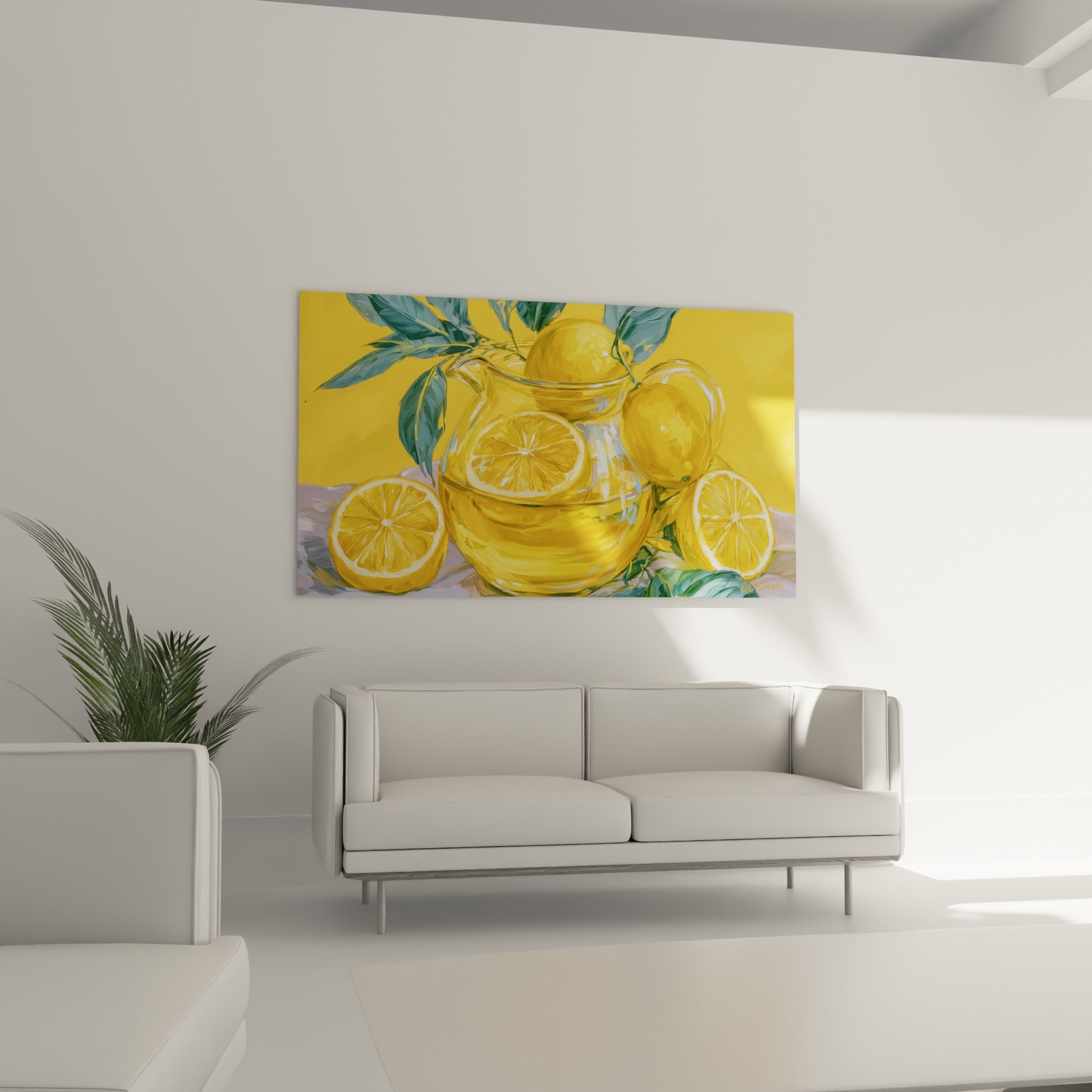 Fruits jaunes et tranches d'agrumes dans une carafe en verre, suspendus au-dessus d'un canapé dans un salon lumineux