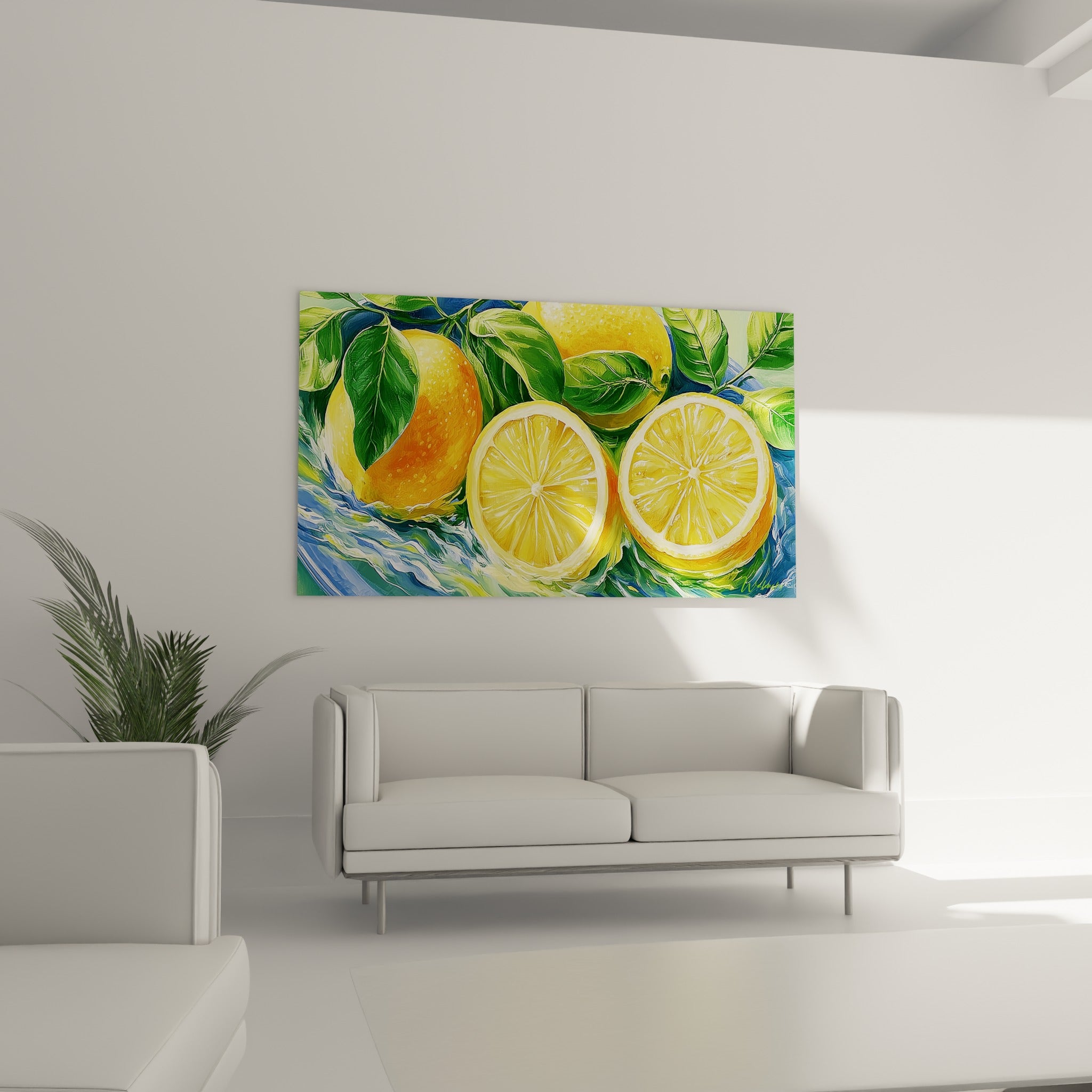 Fruits acidulés jaunes et feuillage vert profond, disposés au-dessus d'un canapé dans un salon lumineux