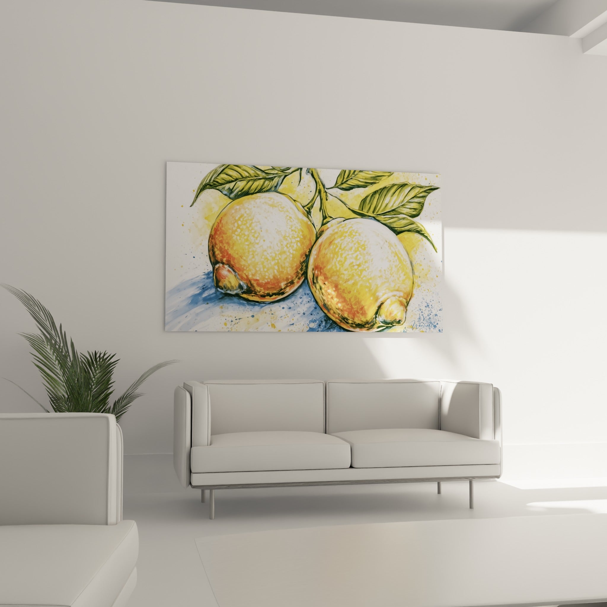 Fruits jaune doré et feuilles vert olive détaillées, accroché au-dessus d'un canapé dans un salon lumineux