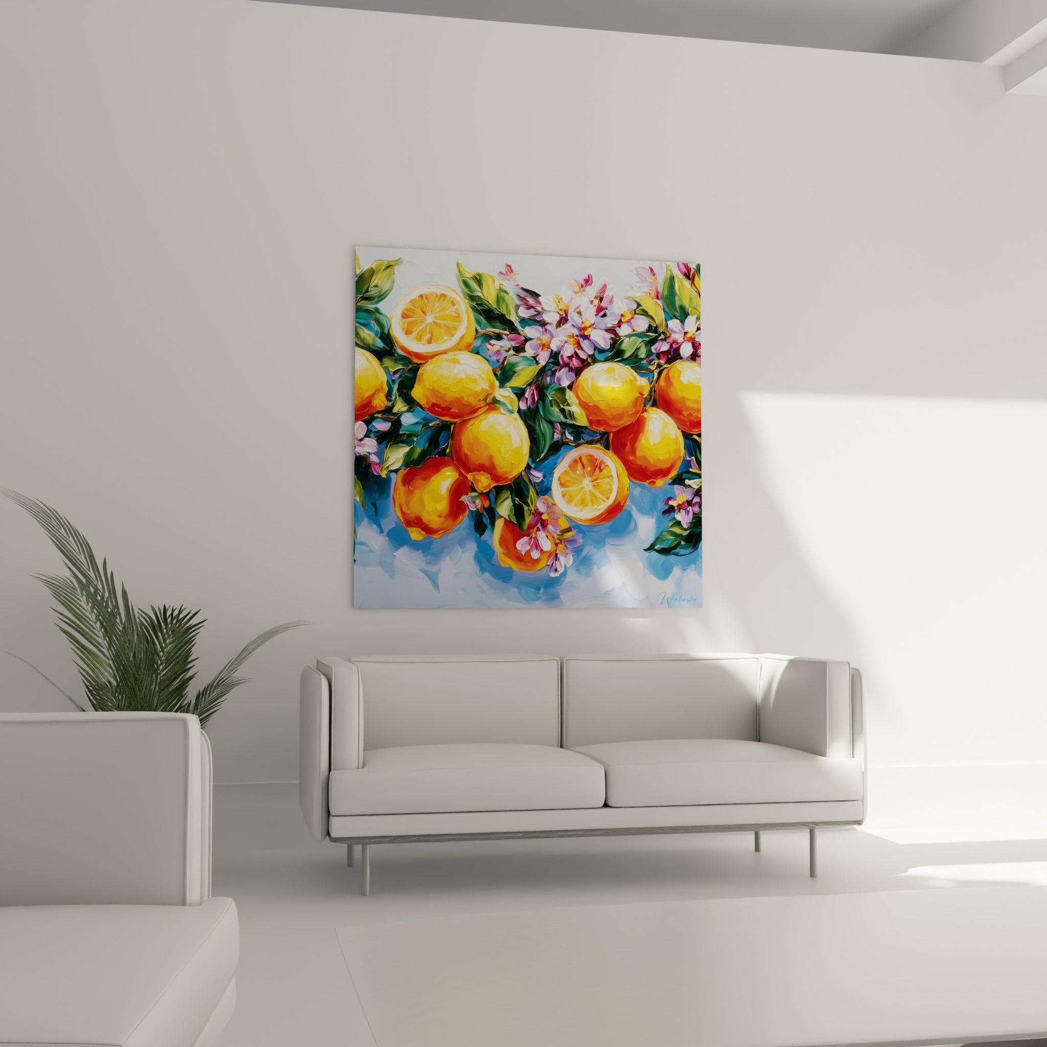 Grappe de citrons orangés sur fond bleu pastel, suspendue au-dessus d'un canapé dans un salon lumineux