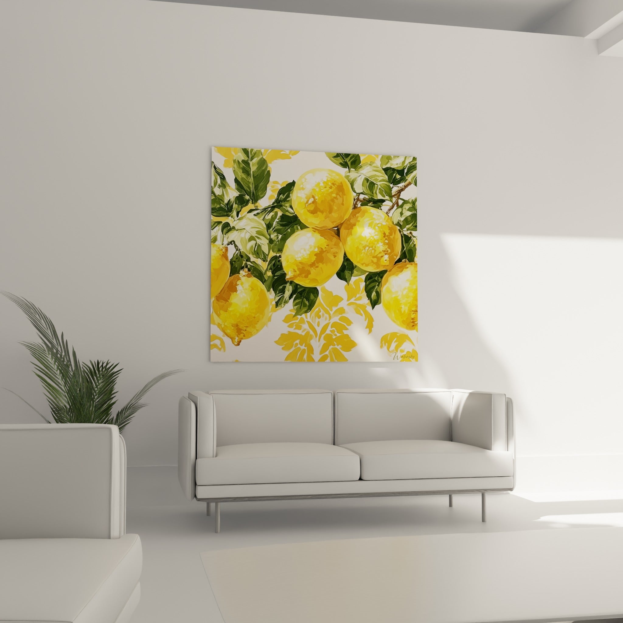 Fruits jaune vif et vert tendre en composition dense au-dessus d'un canapé dans un salon lumineux
