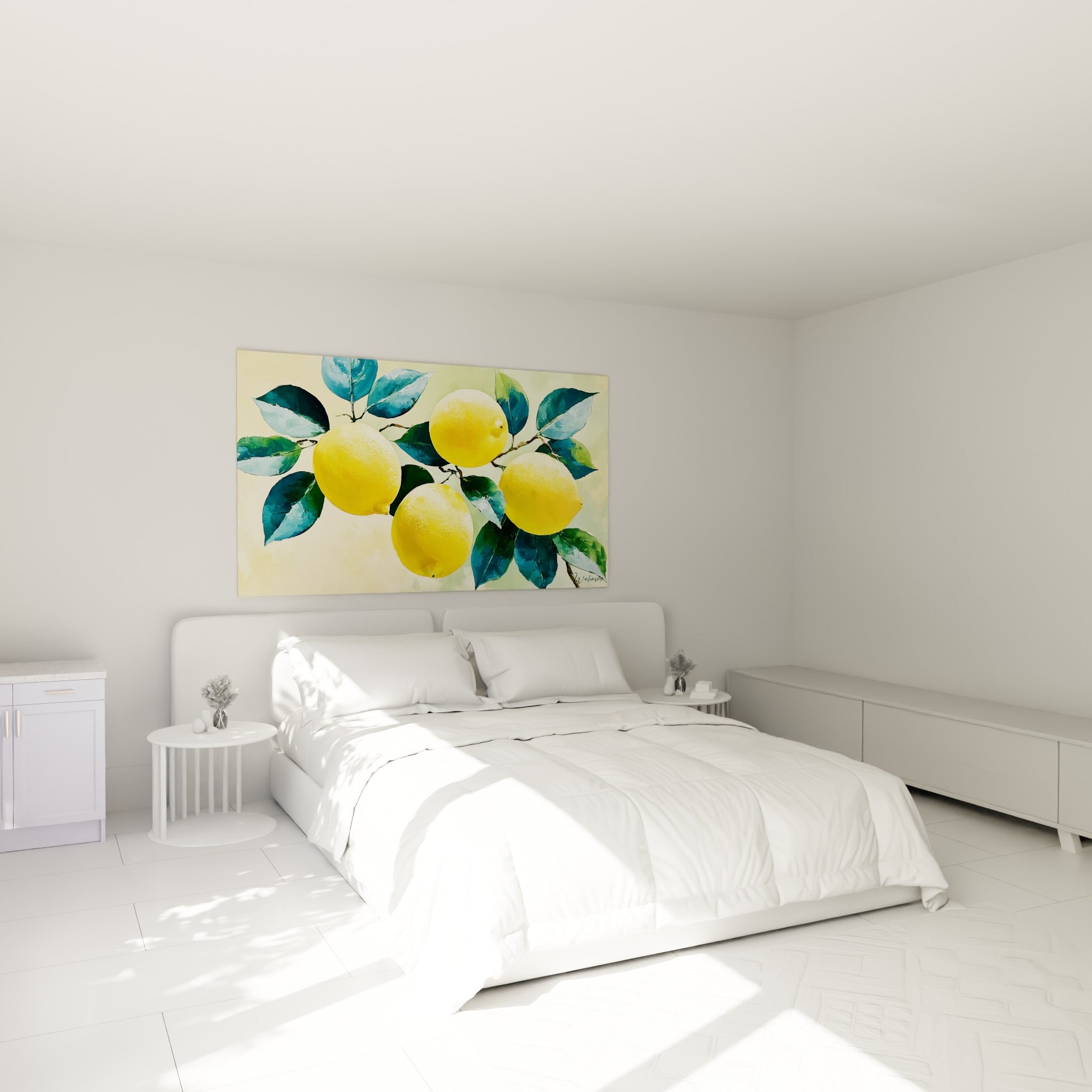 Branche de citrons jaunes et feuillage bleu marine au-dessus d'un lit dans une chambre claire