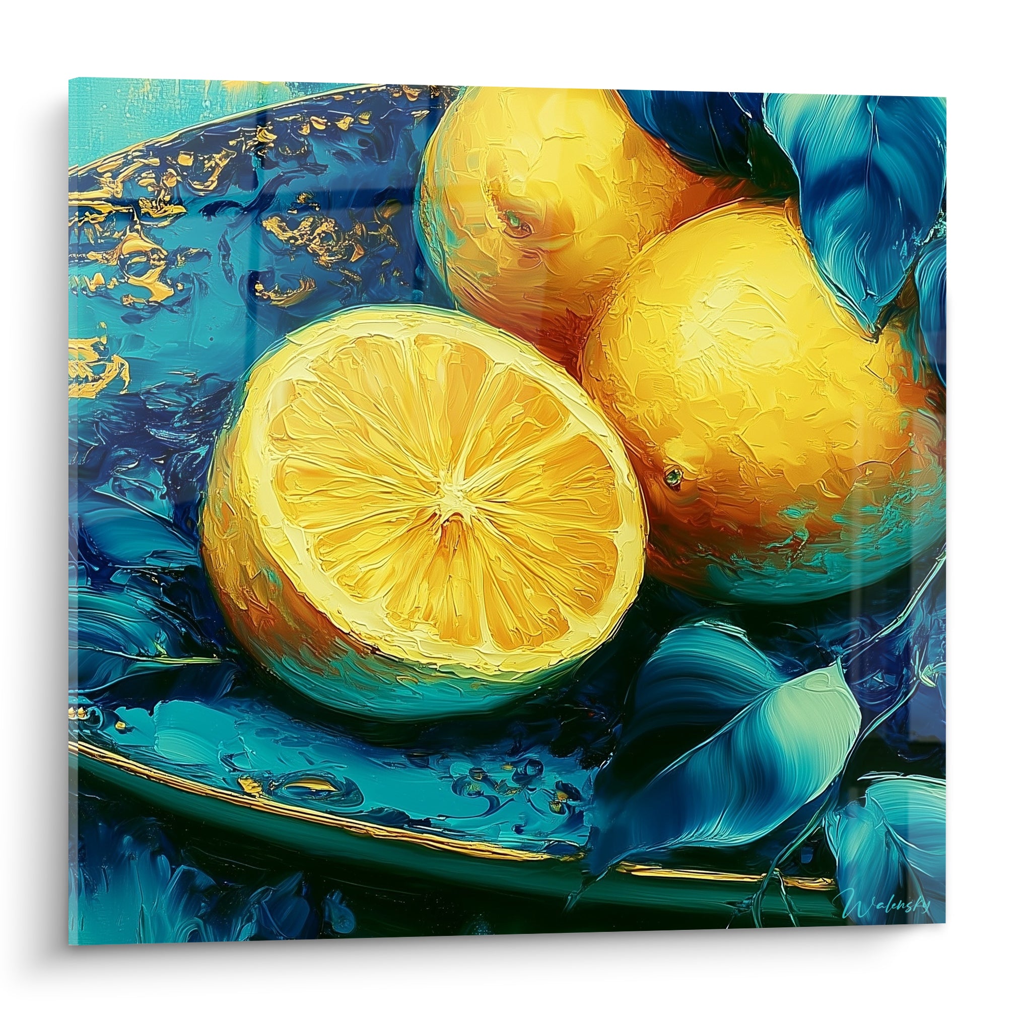 Citrons jaunes coupés sur assiette bleu turquoise à motifs dorés, empâtement épais visible