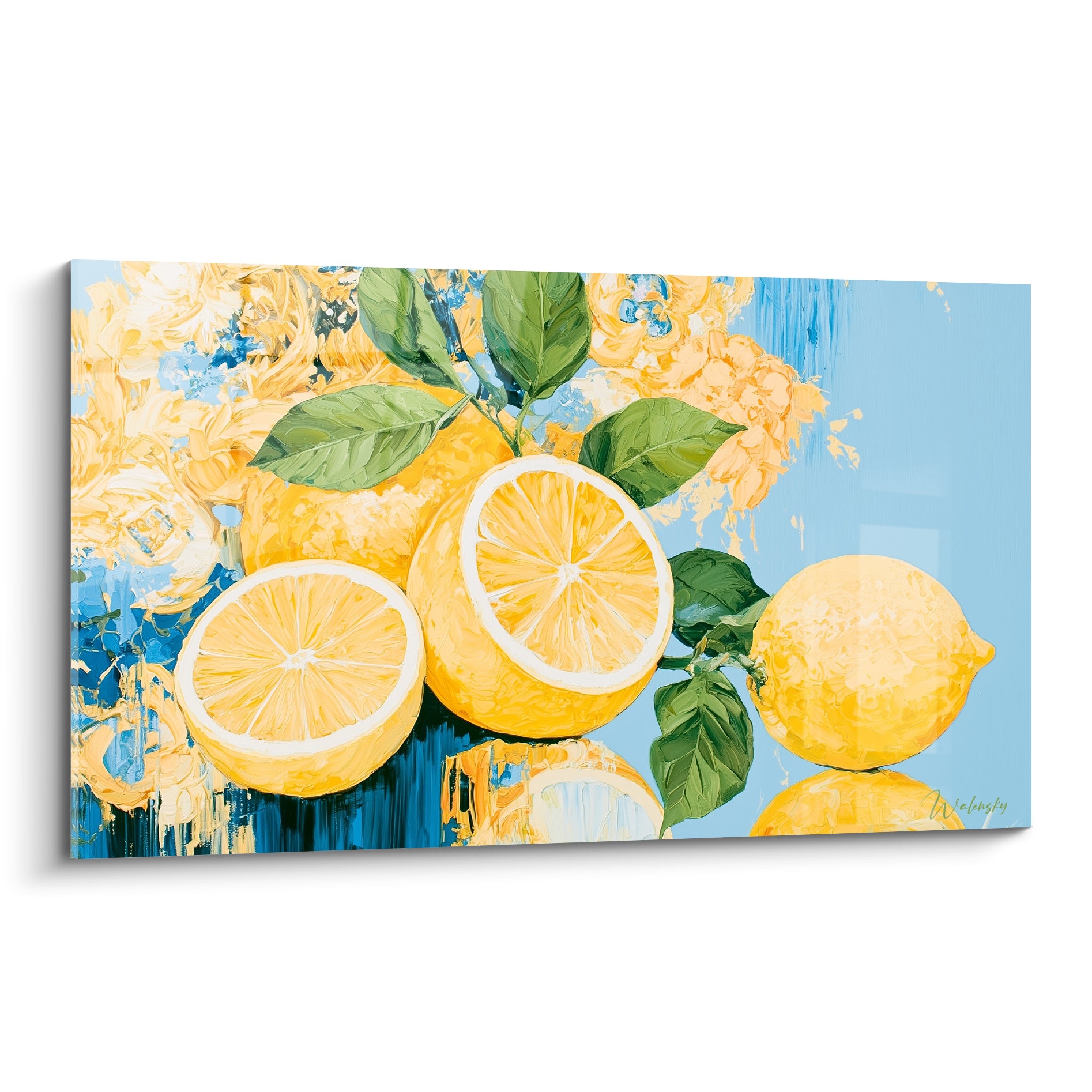 Citrons entiers et coupés jaune vif sur fond bleu ciel, feuillage vert, style pictural expressif