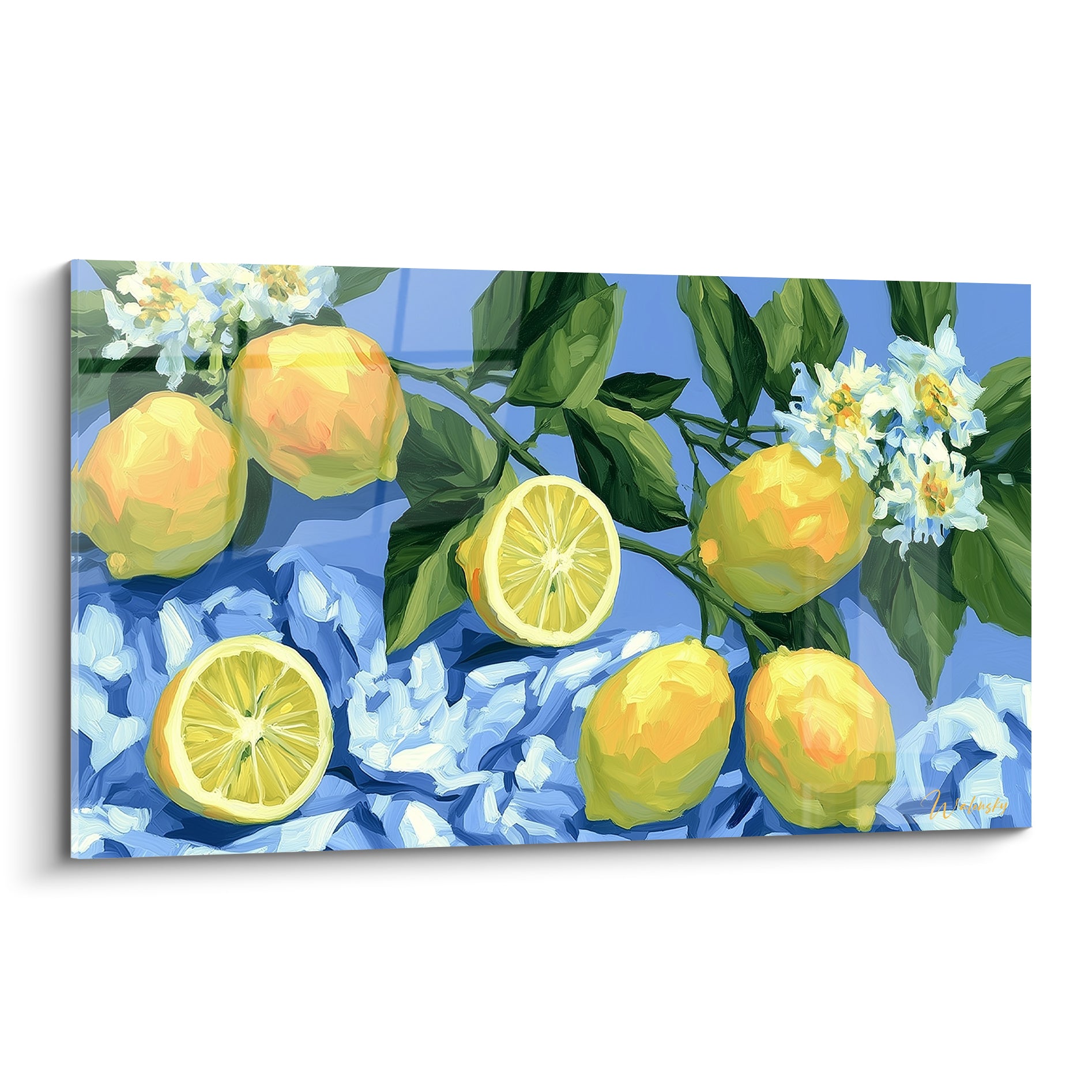 Citrons jaunes et bleus sur branche fleurie, empâtements vifs façon esquisse à l'huile