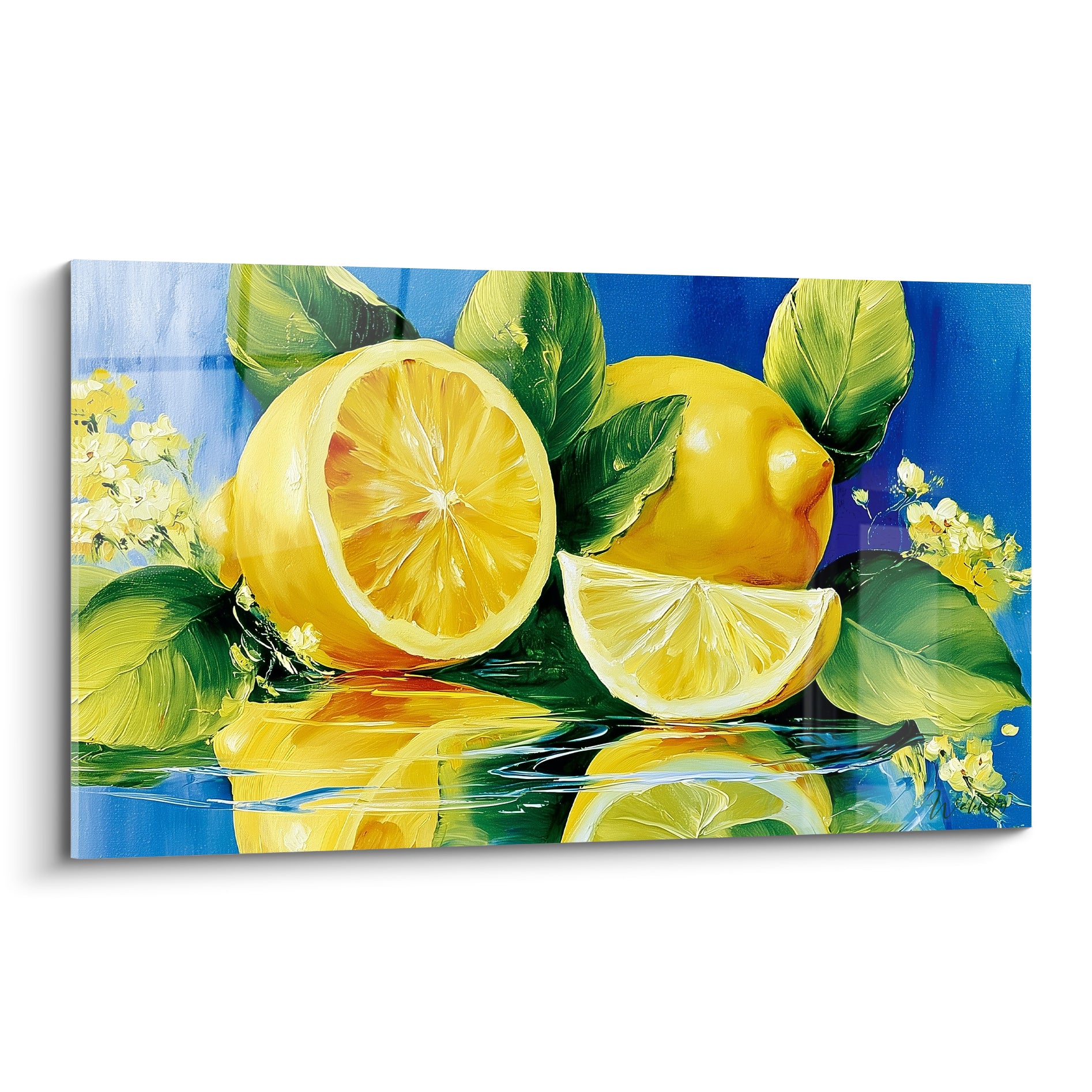 Citrons jaunes coupés sur fond bleu marine, feuillage vert et fleurs, style pictural texturé