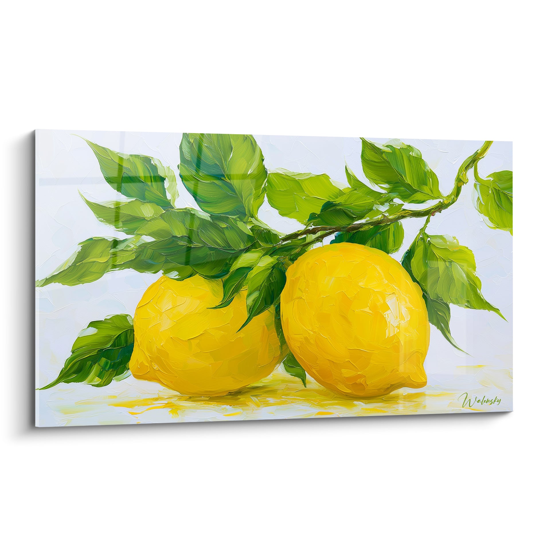 Deux citrons jaune vif sur une branche verte, peints en relief avec empâtements et fond gris pâle